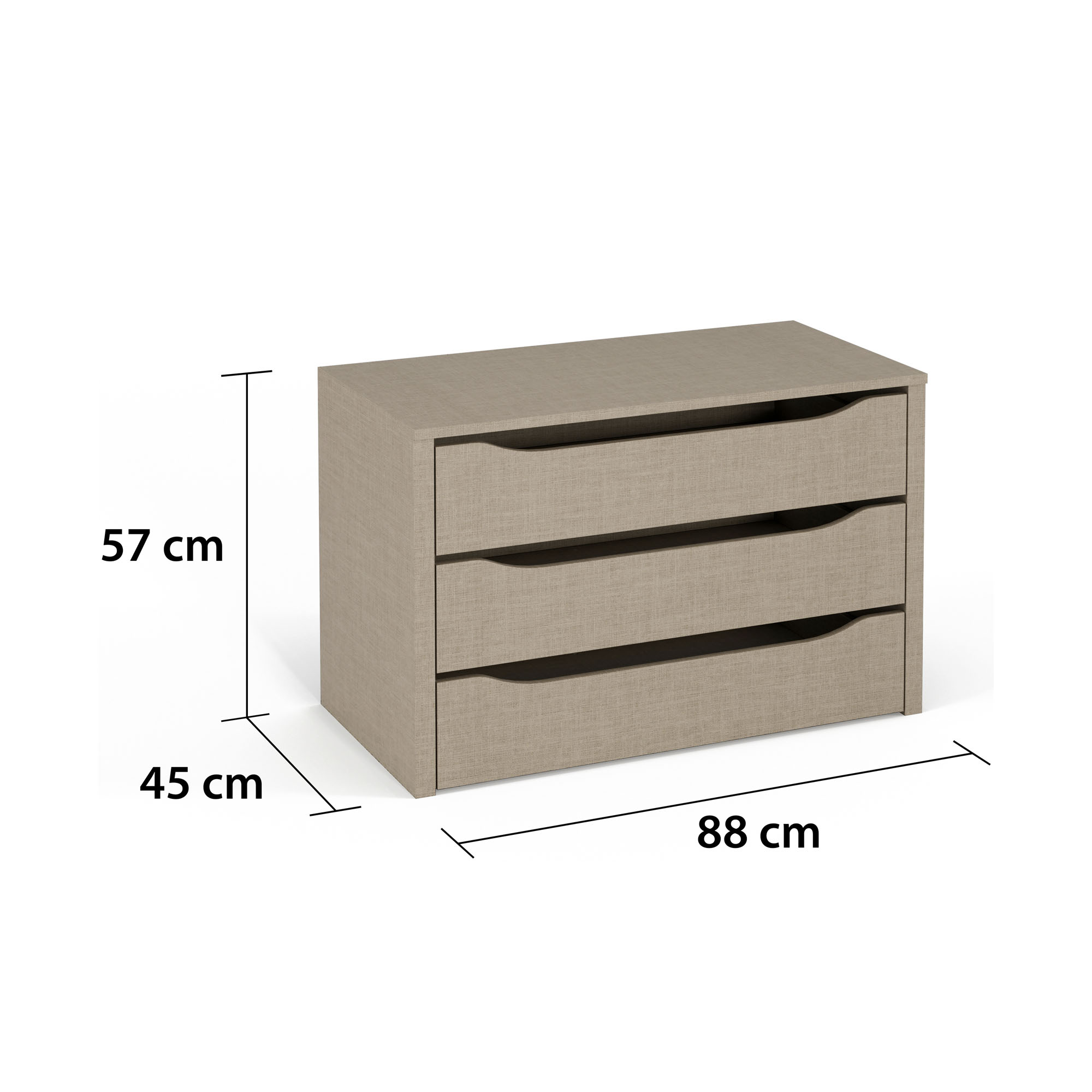 Rechteckiger Schubkasteneinsatz in naturfarbener Leinenoptik mit drei Schubladen, daneben Maßangaben 57 cm Höhe, 45 cm Tiefe und 88 cm Breite
