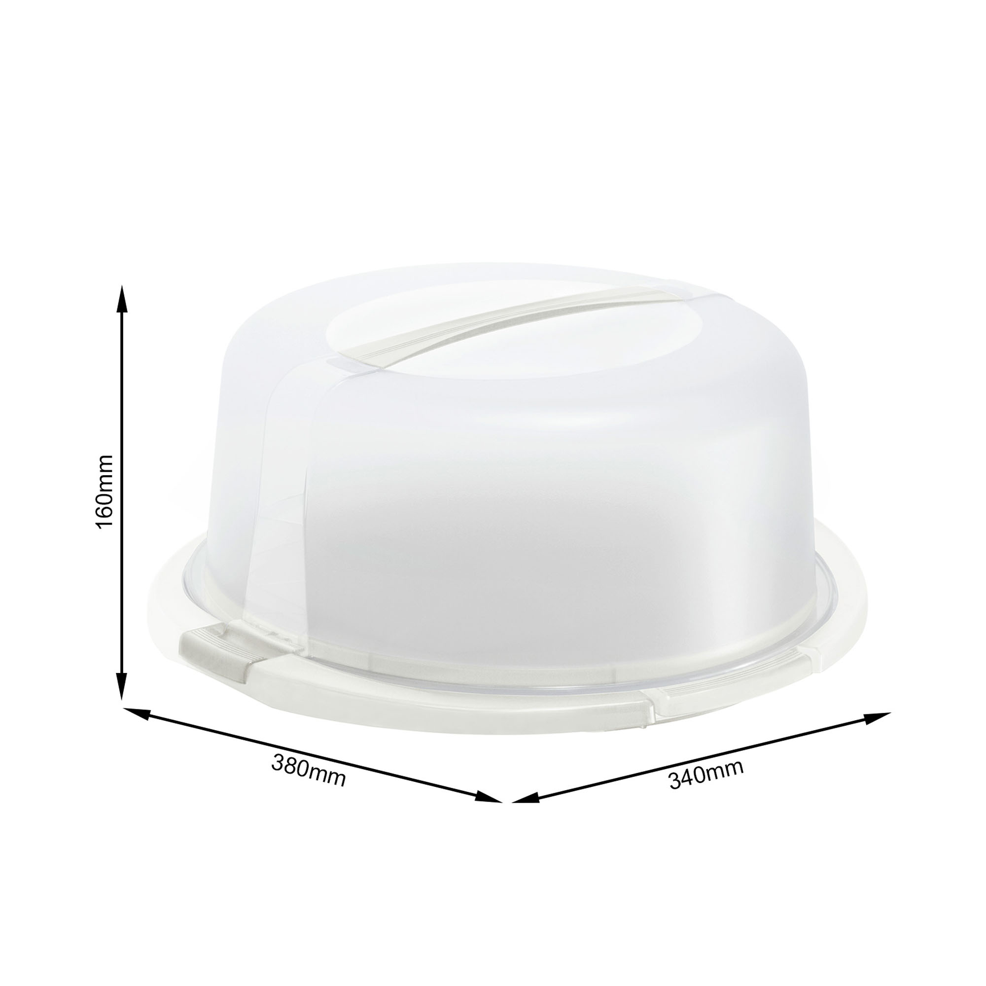 Transparente Kuchenhaube auf Unterteller mit eingezeichneten Abmessungen des Produkts