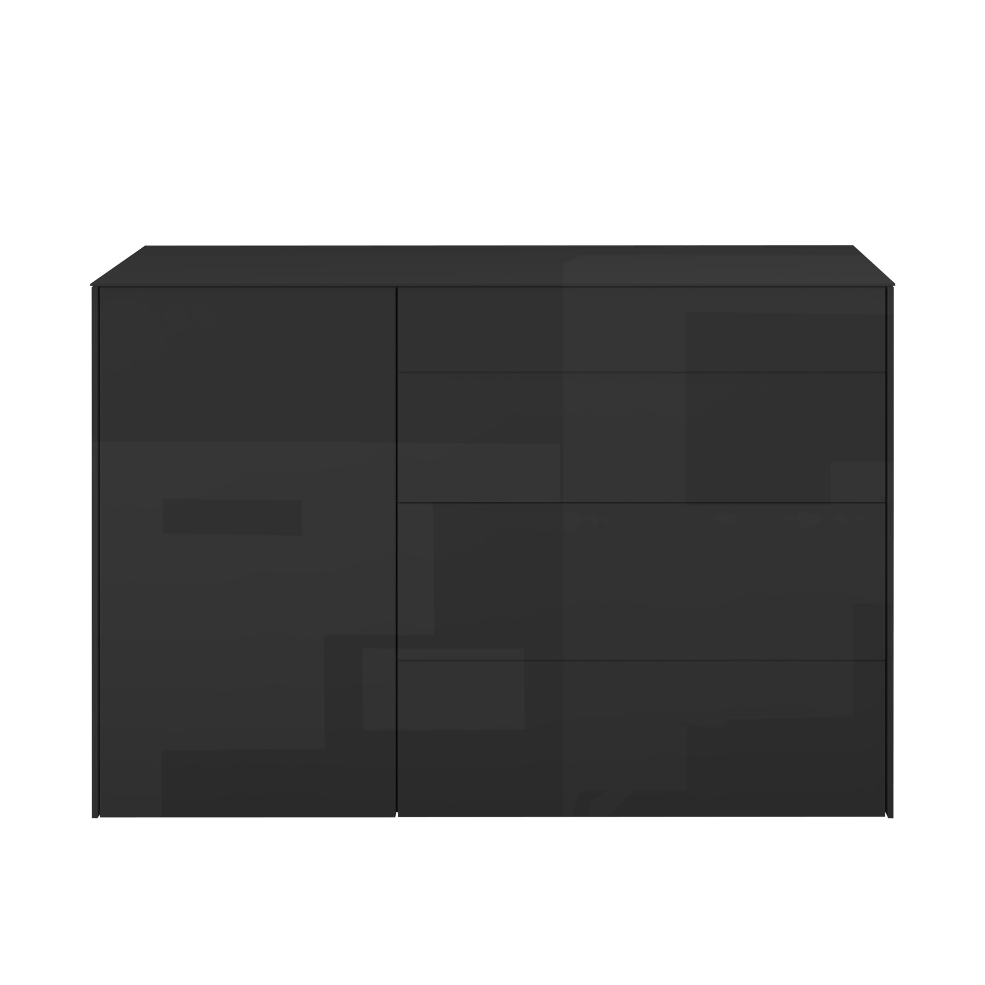 Frontalansicht eines modernen Sideboards in Hochglanz Schwarz mit zwei Türen und drei mittigen Schubladen