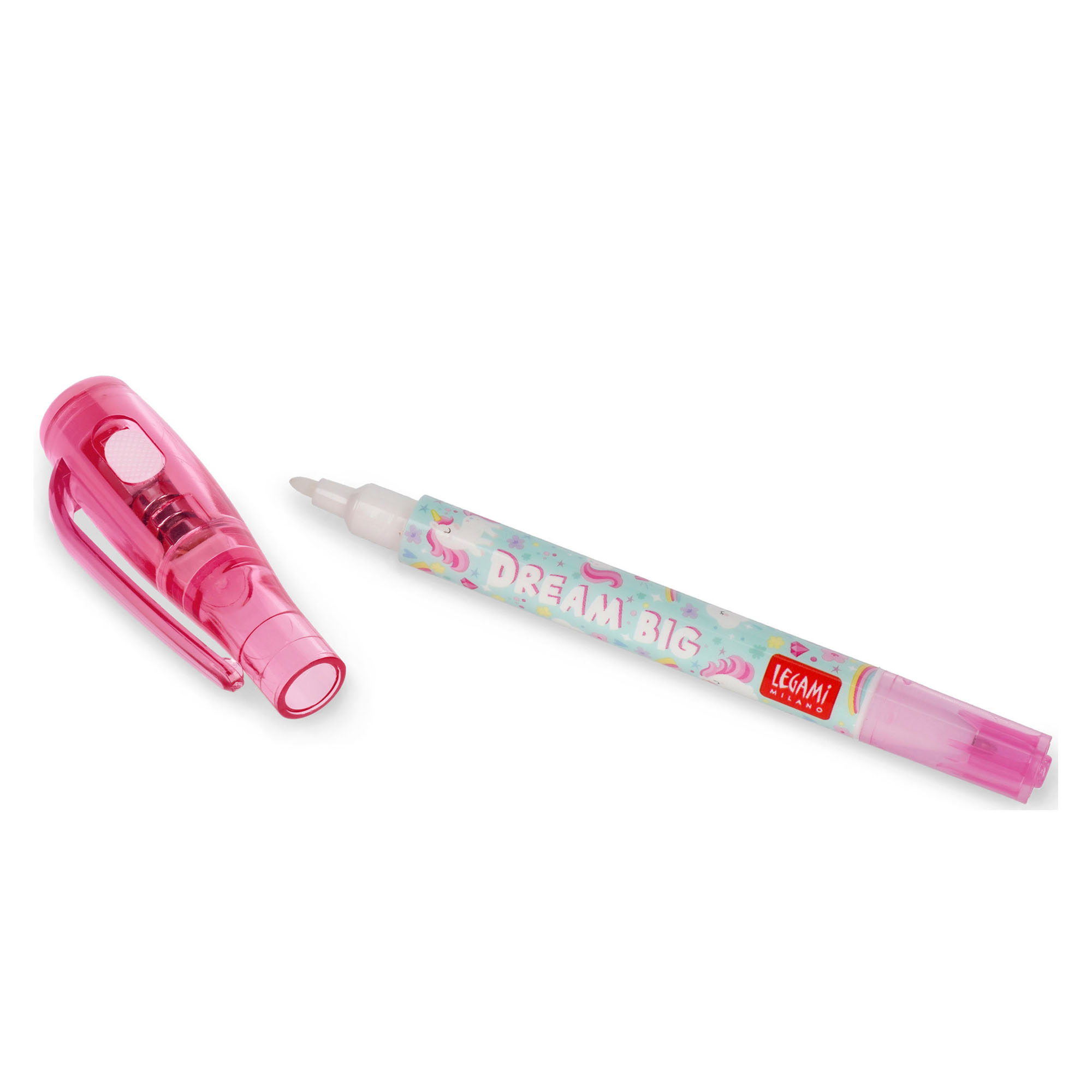Rosa Geheimstift mit Einhornmotiv, mit separat liegender Kappe und sichtbarer Stiftspitze gezeigt.