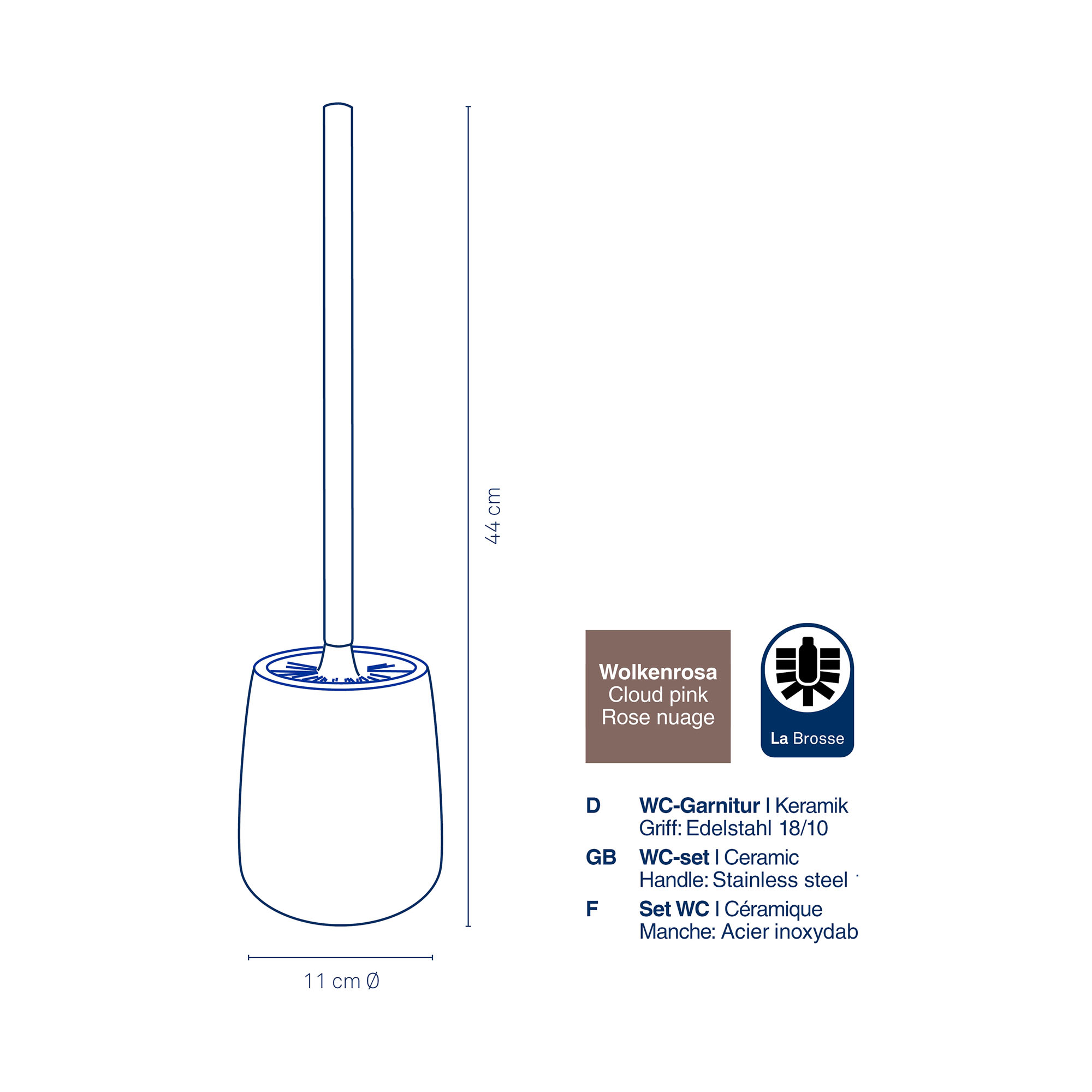 Technische Darstellung der WC-Bürstengarnitur mit eingezeichneten Höhen und Produktangaben