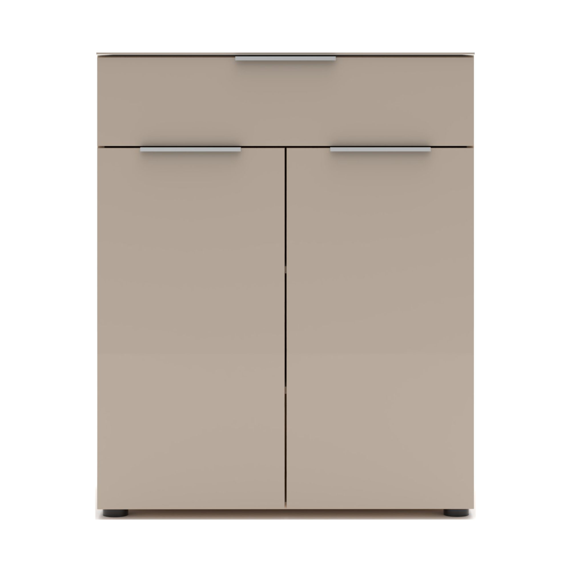 Frontalansicht einer Kommode mit beiger Front, oberer Schublade und zwei unteren Türen.