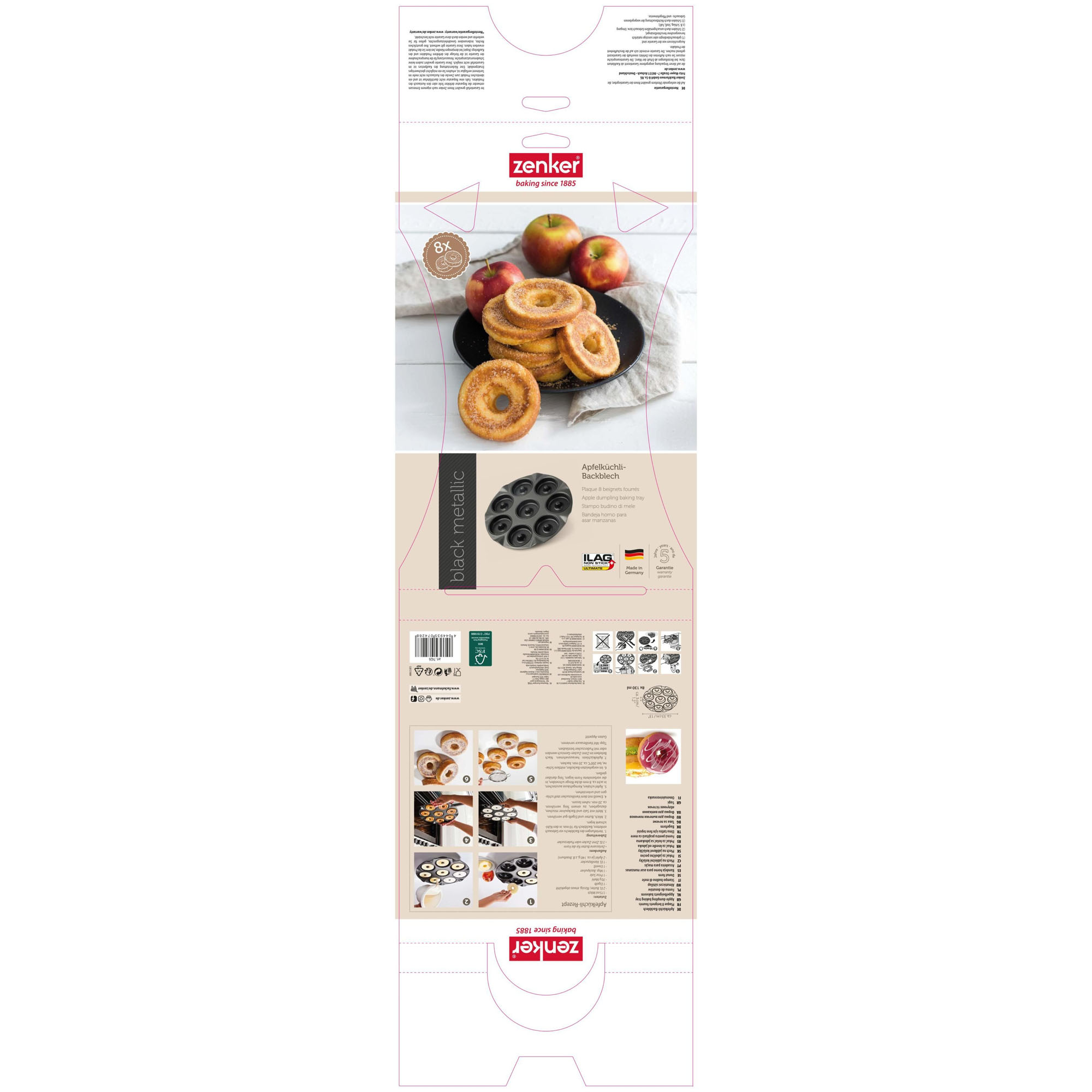 Komplett aufgefaltete Verpackung einer Donut Backform mit Layout, Produktbildern und Informationen