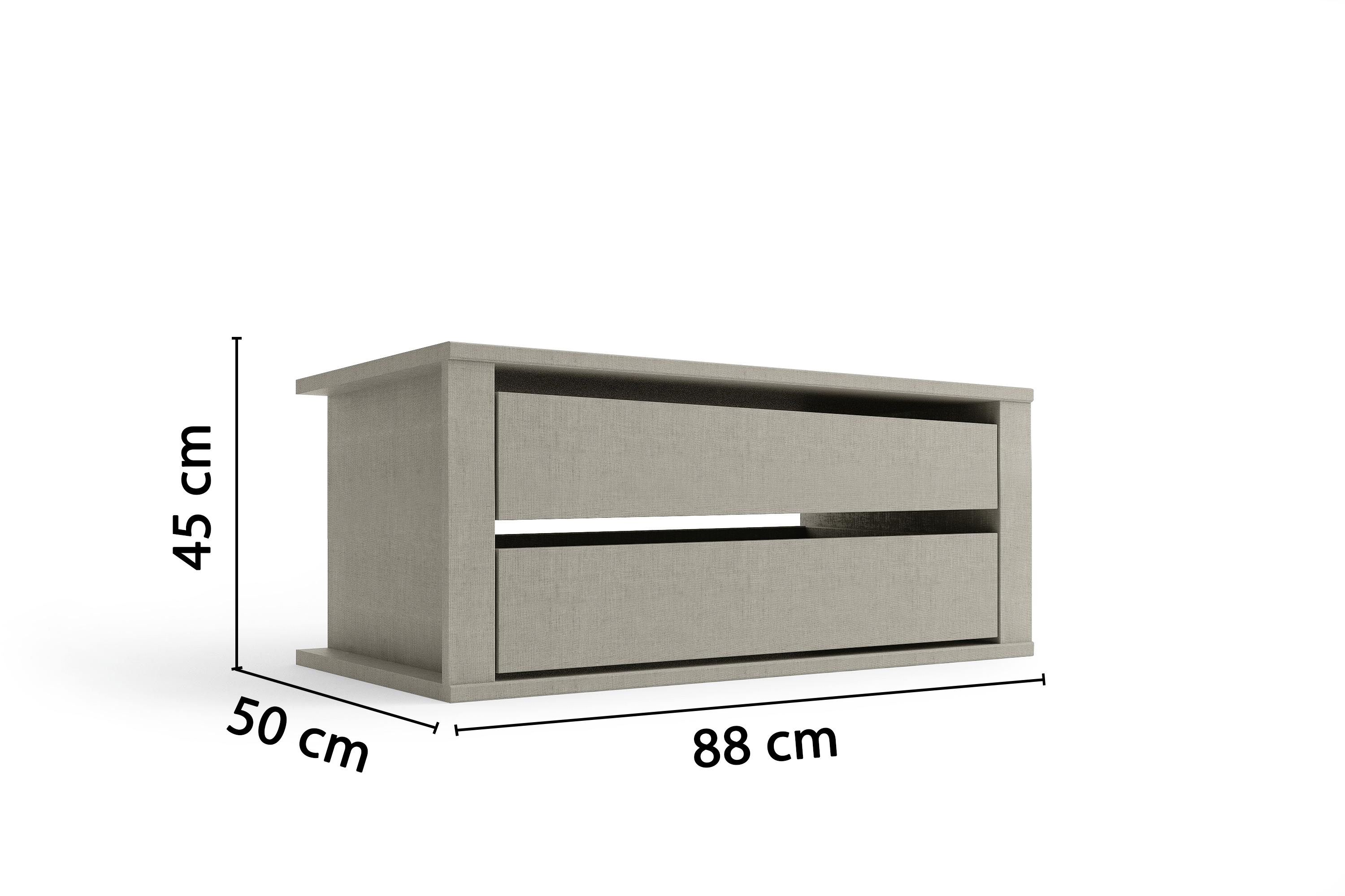 Rechteckige Kommode in naturfarbener Leinenoptik mit zwei Schubladen, daneben Maßangaben 45 cm Höhe, 50 cm Tiefe und 88 cm Breite