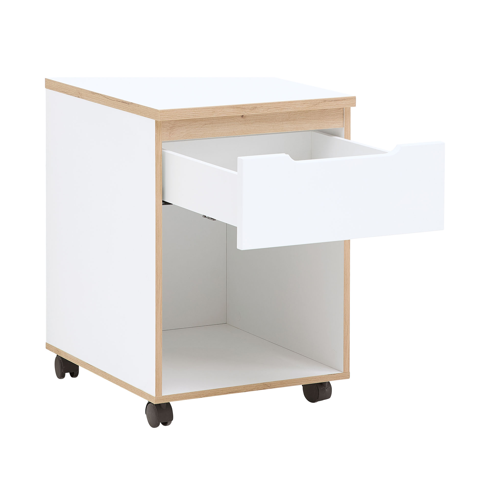 Weißer Rollcontainer mit sichtbar geöffneter Schublade und offenem Fach darunter