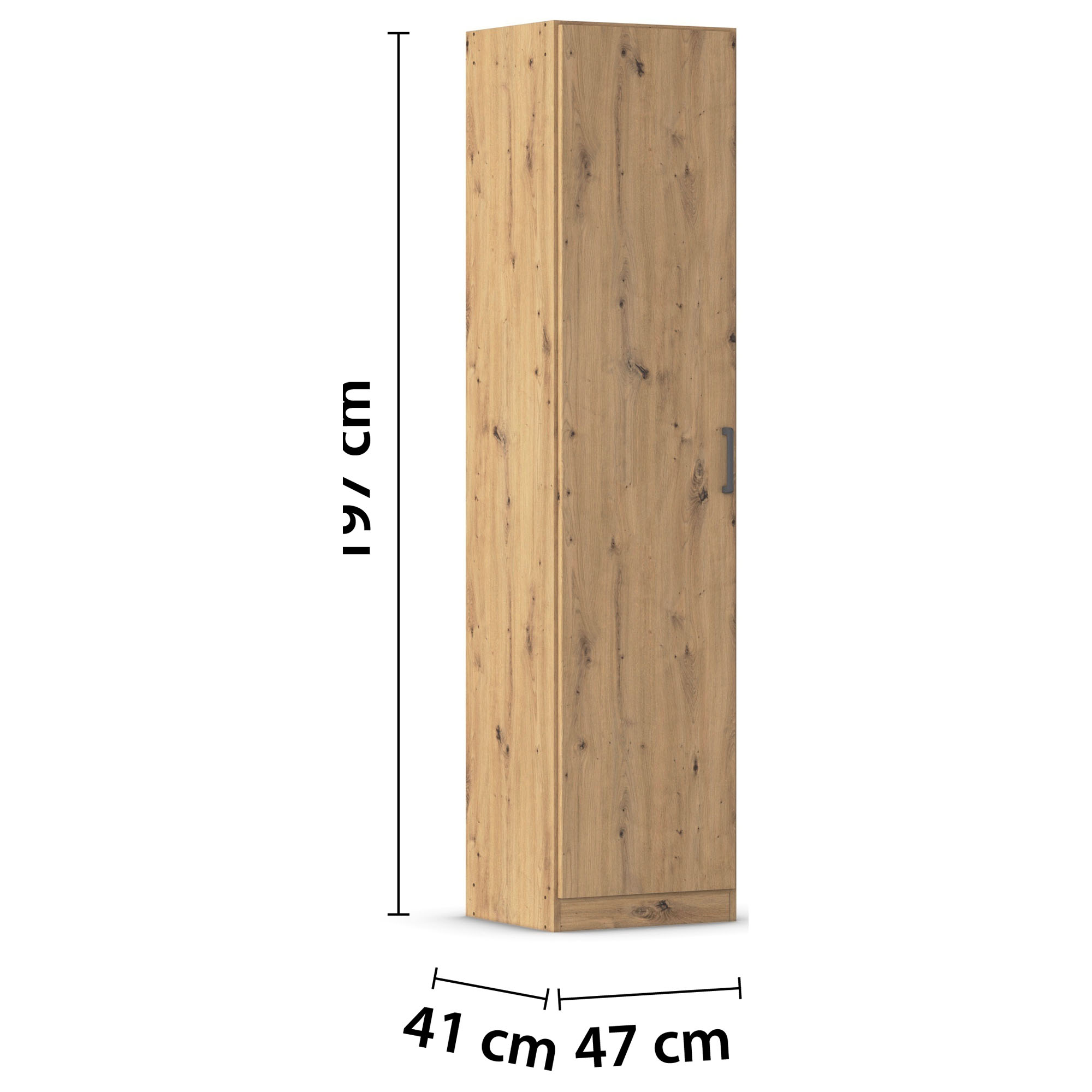Schrägansicht eines 1-türigen Drehtürenschranks im Dekor Eiche Artisan mit Griff in Grau Metallic, Maße Breite 47 cm, Höhe 197 cm, Tiefe 41 cm