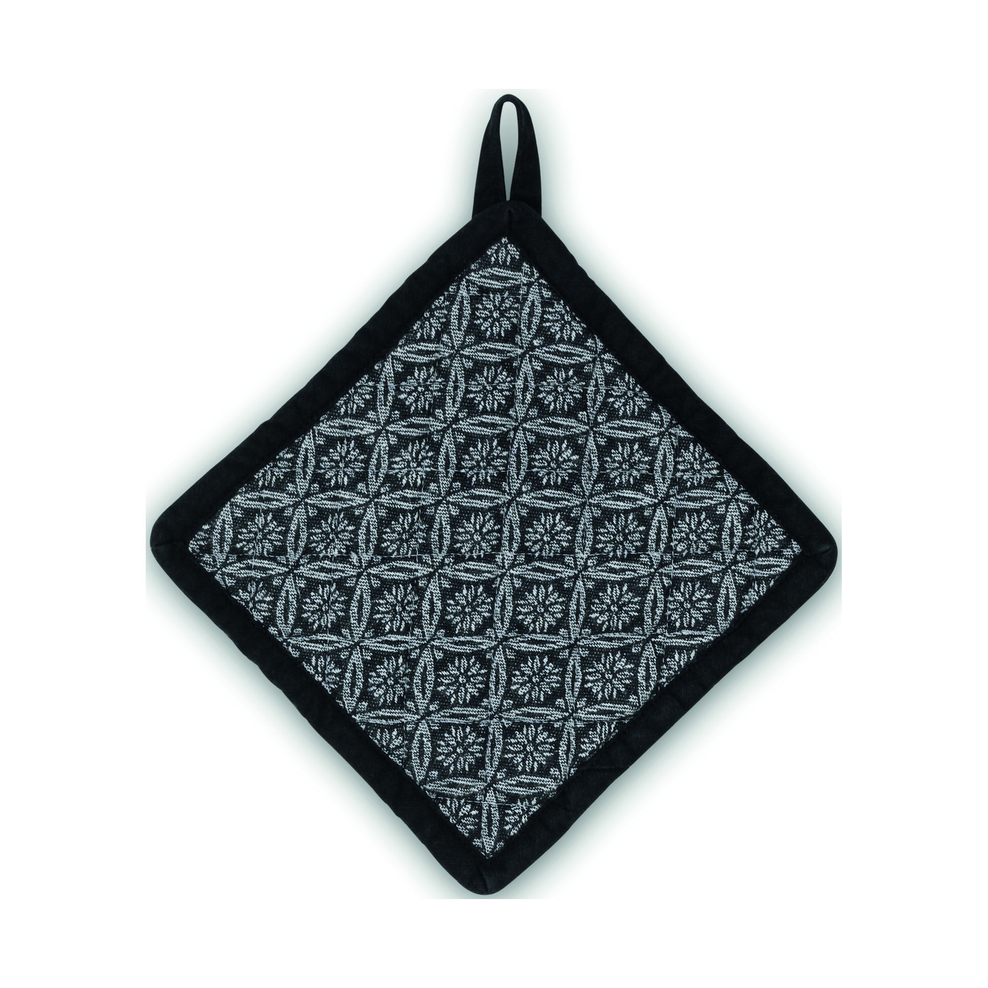 Weiß schwarzer Topflappen mit geometrischem Muster und Aufhängeschlaufe auf weißem Hintergrund
