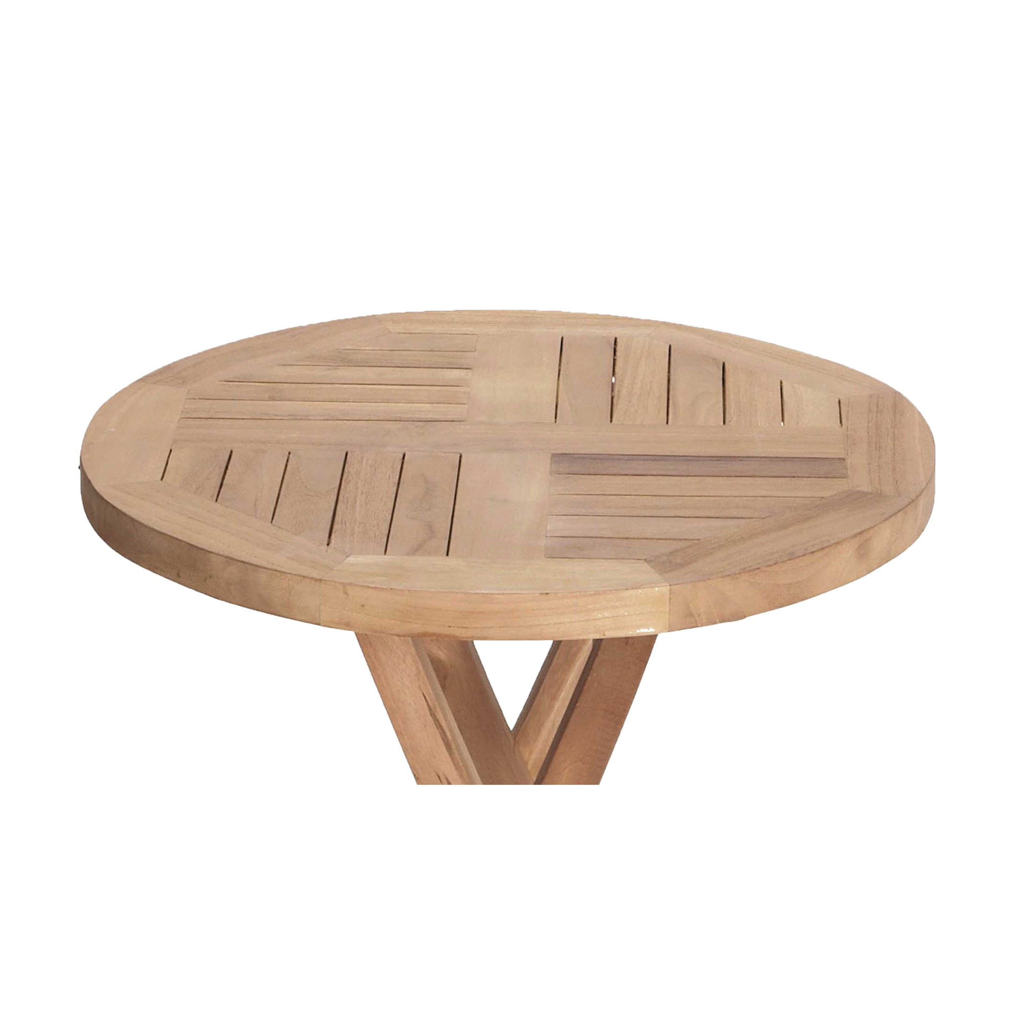 Draufsicht auf die runde Tischplatte eines Holztischs mit Lattenstruktur