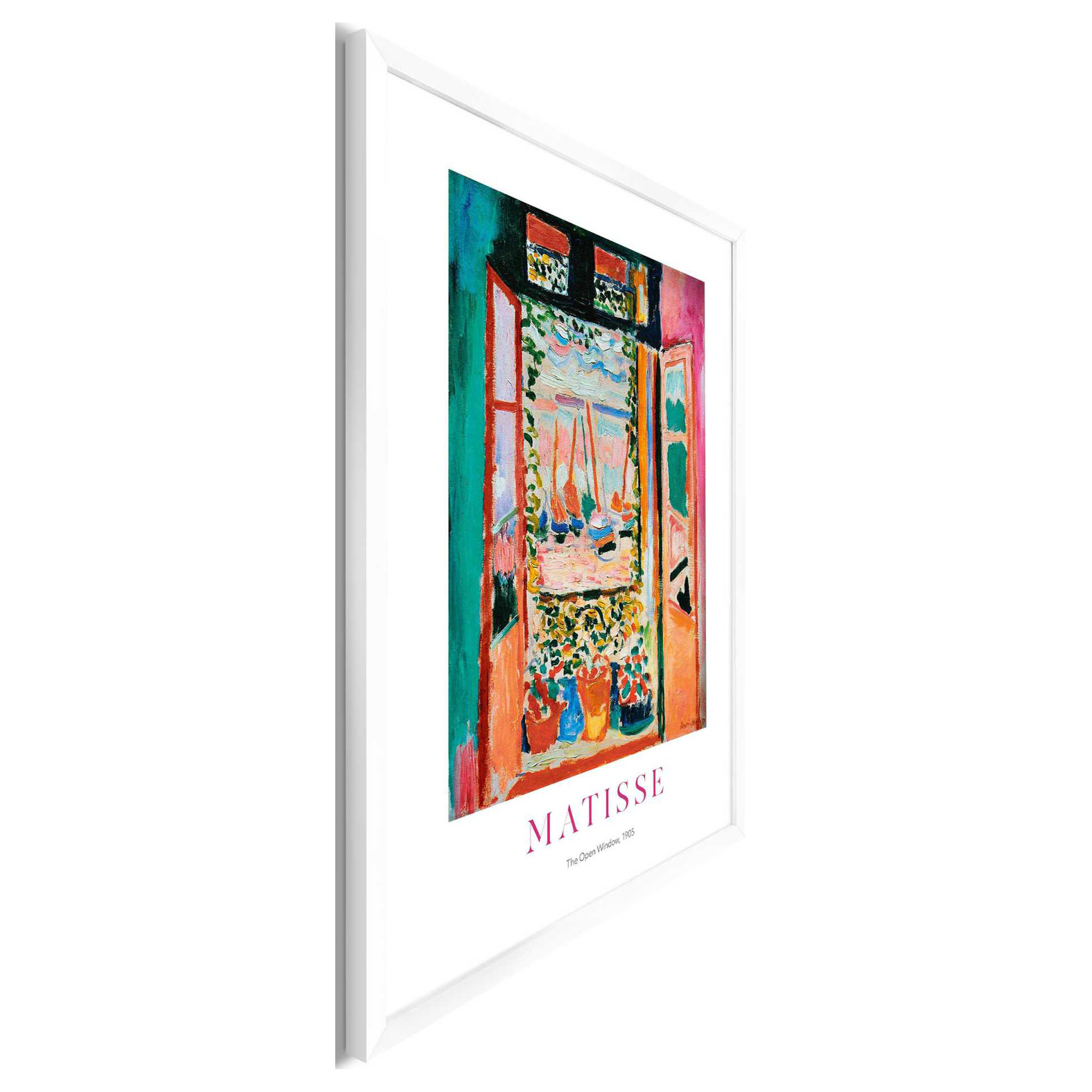 Seitliche Schrägansicht des Wandbilds „Matisse Window“, 50 × 70 cm; Profil, Kante und Tiefe des Bildes sind erkennbar.