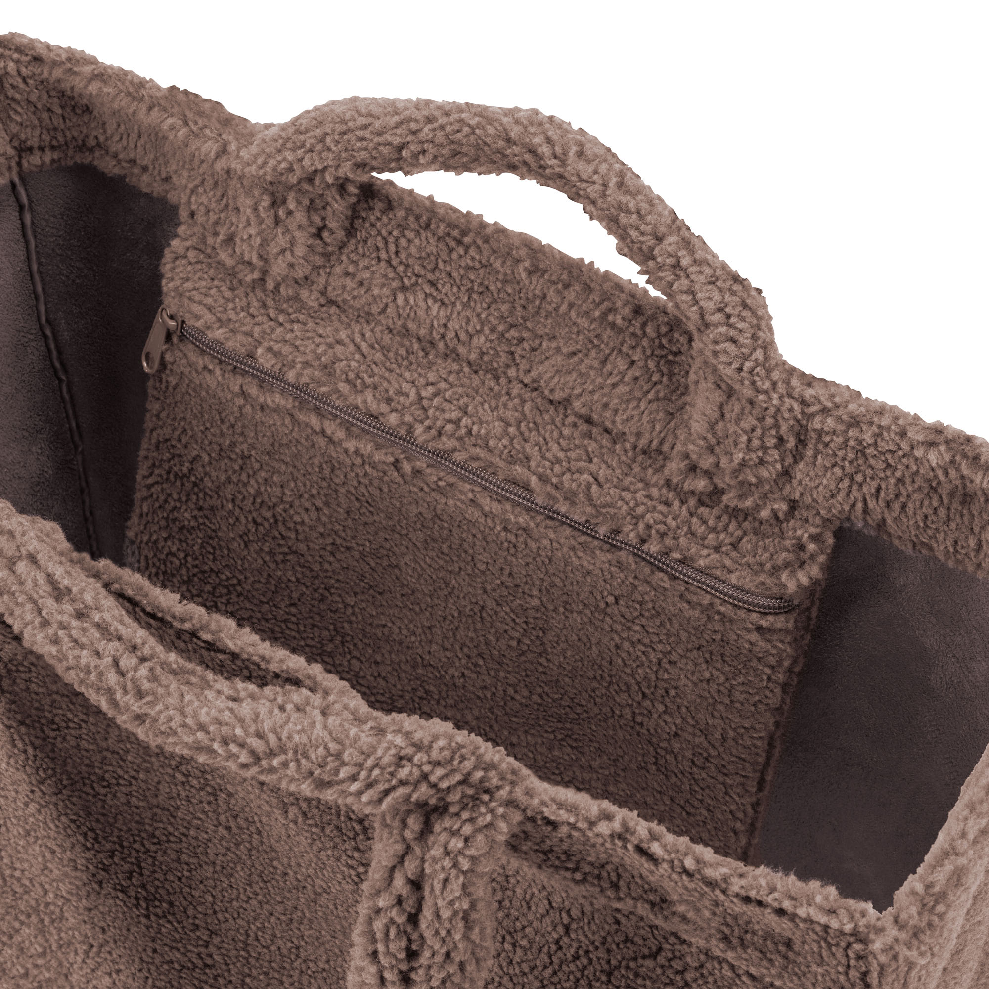 Shopper von Reisenthel, Modell Softshopper, in Schokoladenbraun aus Teddyfleece, Nahaufnahme des oberen Innenfachs und der Tragegriffe