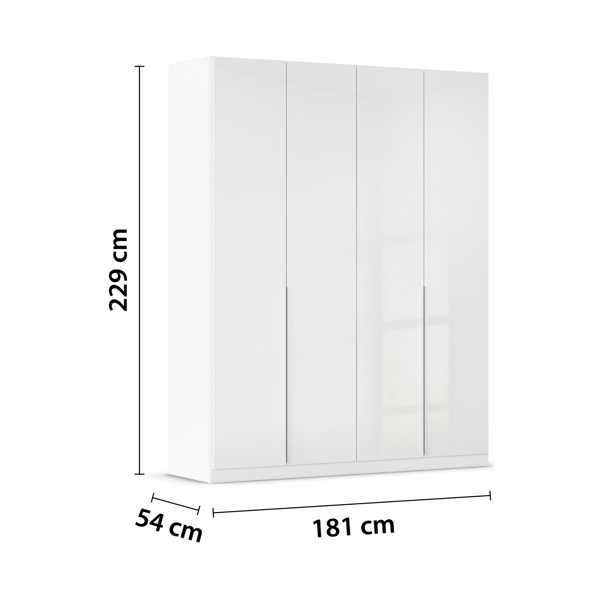 Weißer Drehtürenschrank in Hochglanz mit drei Türen und den Maßen 181 cm Breite, 229 cm Höhe und 54 cm Tiefe