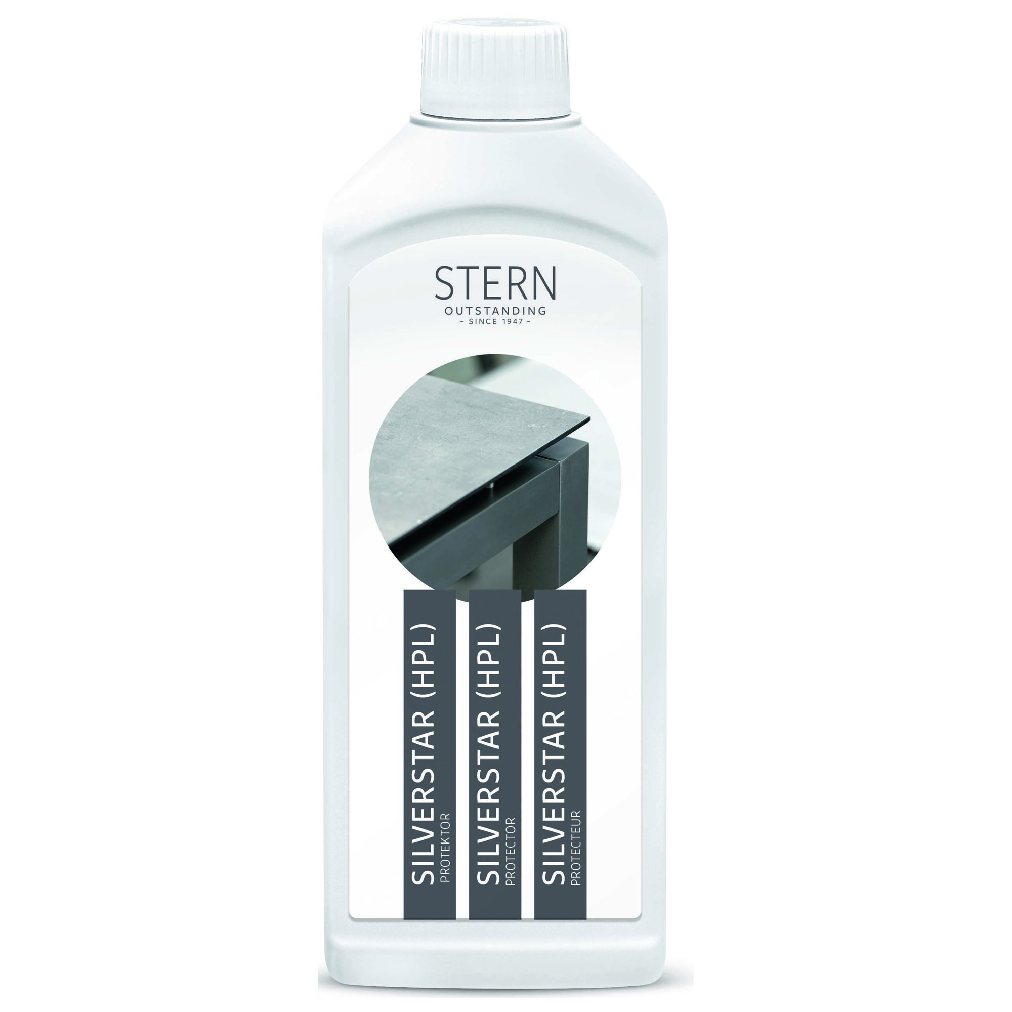 Eine weiße Kunststoffflasche mit Schraubverschluss steht vor weißem Hintergrund. Auf dem Etikett ist der Schriftzug „SILVERSTAR (HPL)“ und ein rundes Foto einer Tischkante mit grauer Platte zu sehen.