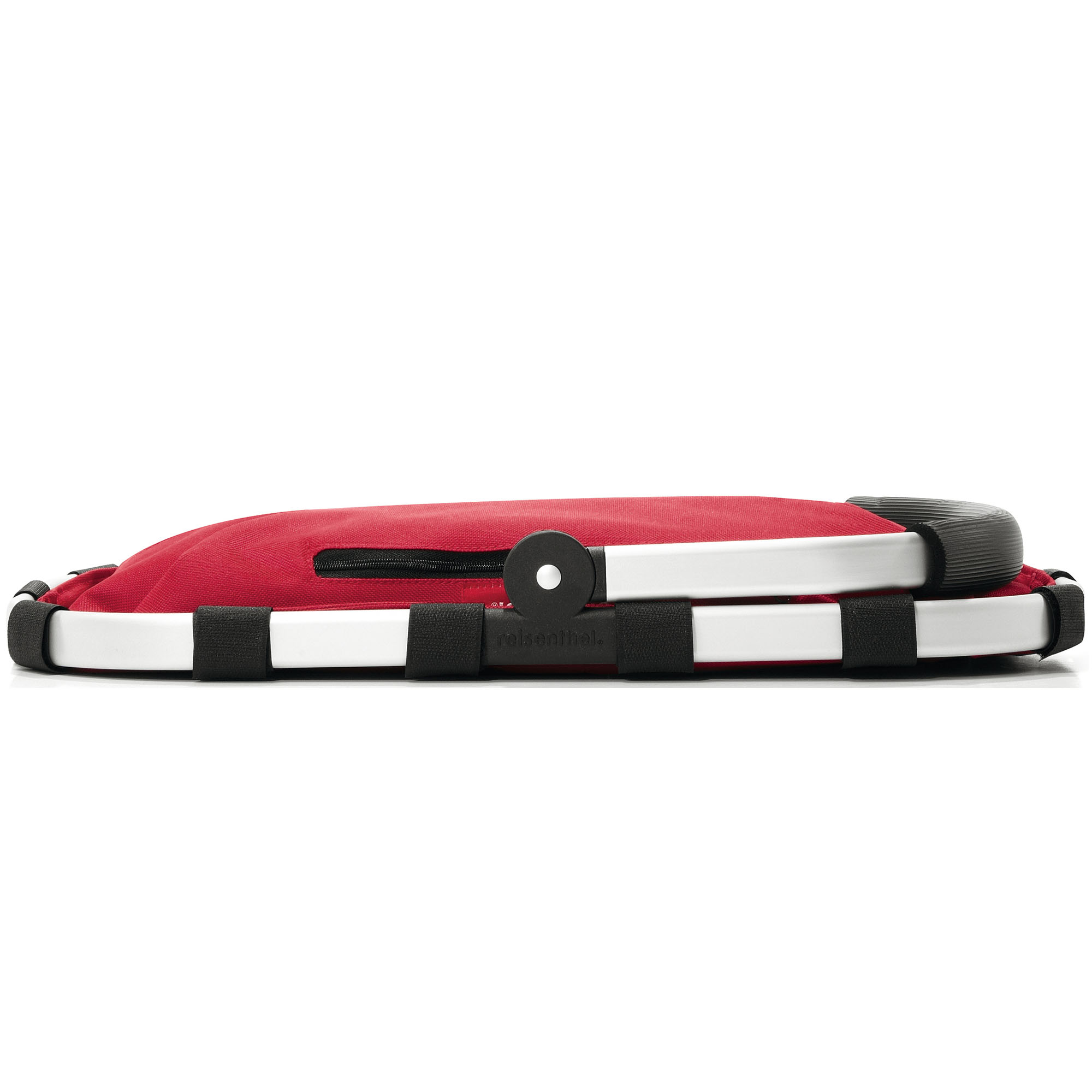 Einkaufskorb von Reisenthel, Modell Carrybag, in Rot, flach zusammengelegt mit vollständig eingeklapptem Aluminiumgriff.