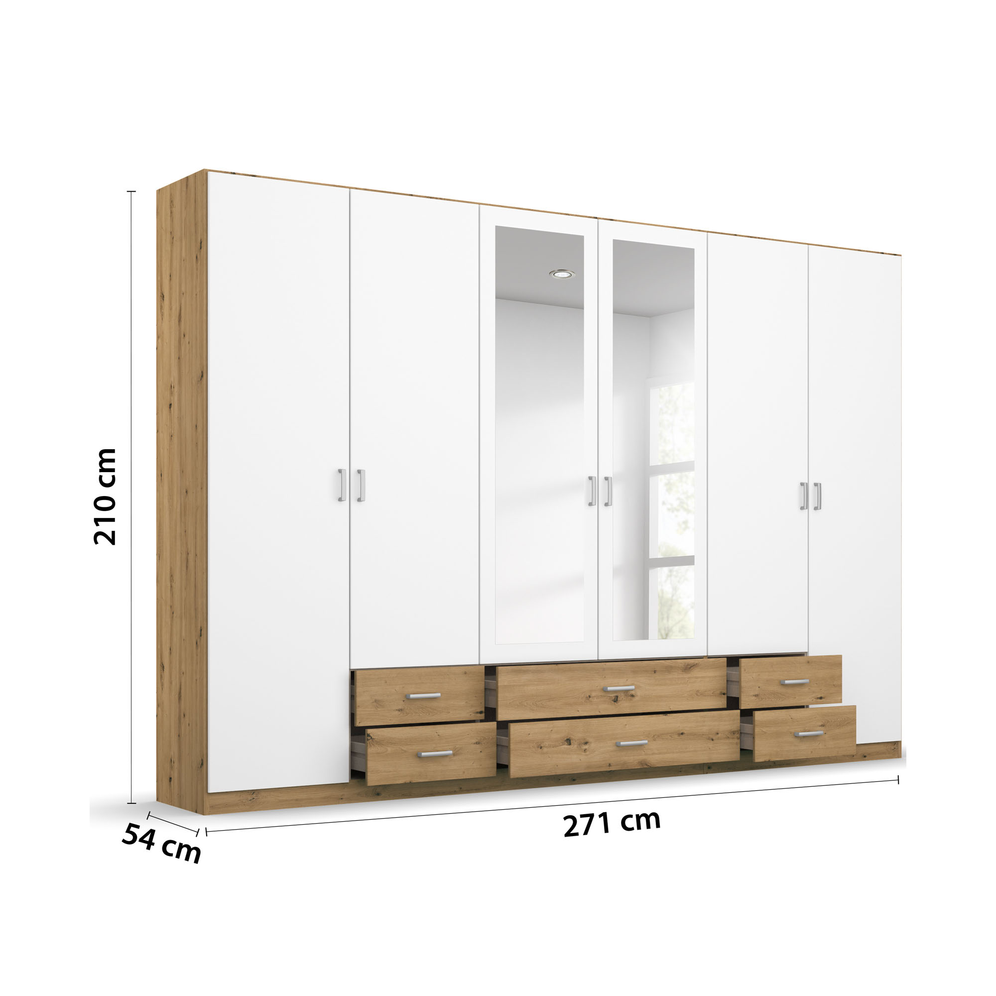 Kleiderschrank in Dekor Eiche Artisan und Alpinweiß mit Spiegel und Schubladen, Maßangaben Höhe 210 cm, Breite 271 cm und Tiefe 54 cm