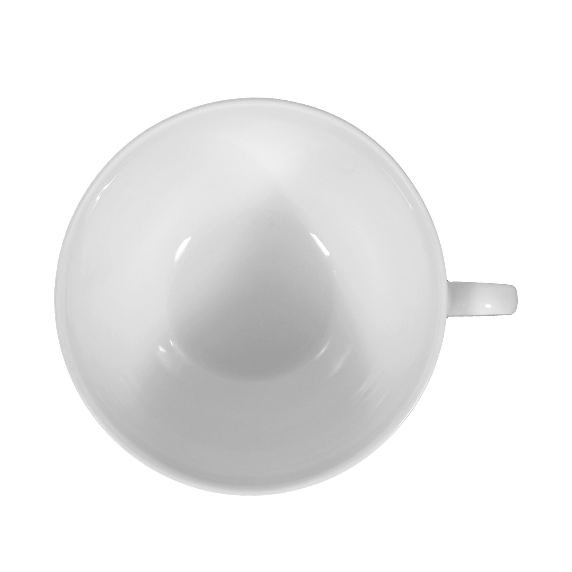 Tasse in Weiß; Draufsicht. Sichtbare Gestaltung: breite niedrige Form mit seitlichem Henkel.