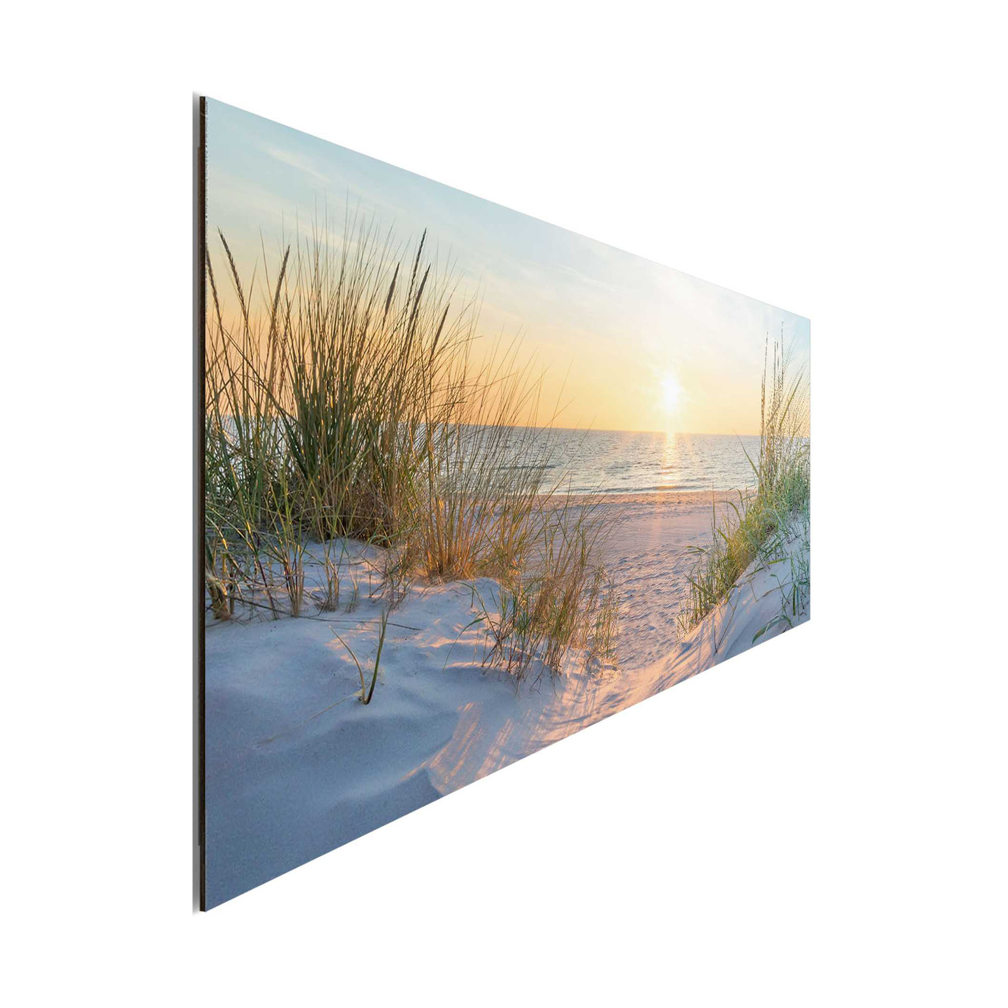 Seitliche Schrägansicht des Wandbilds „Golden Hour“, 30 × 90 cm; Profil, Kante und Tiefe des Bildes sind erkennbar.