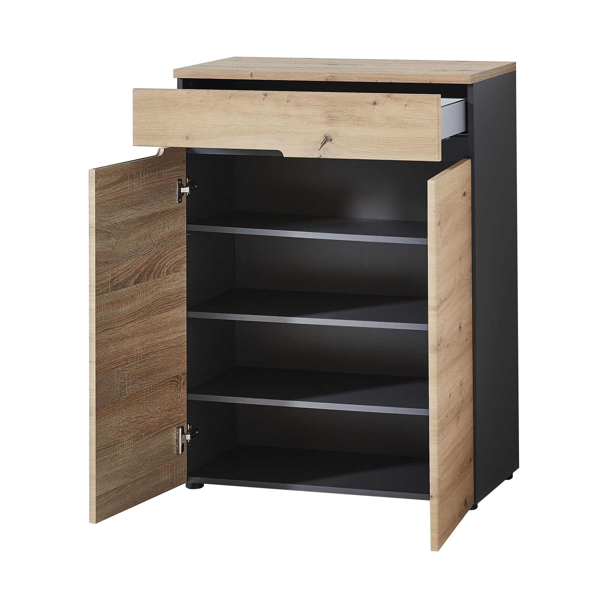 Kommode in Holzoptik mit geöffneten Türen und ausgezogener Schublade, Innenfächer in dunkler Farbe sichtbar.