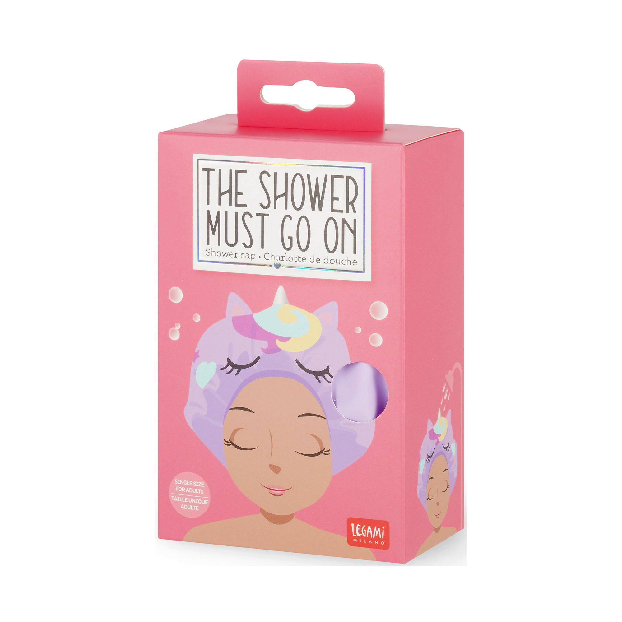 Lilafarbene Duschhaube im Einhorn-Design, in einer pinkfarbenen Kartonverpackung abgebildet.