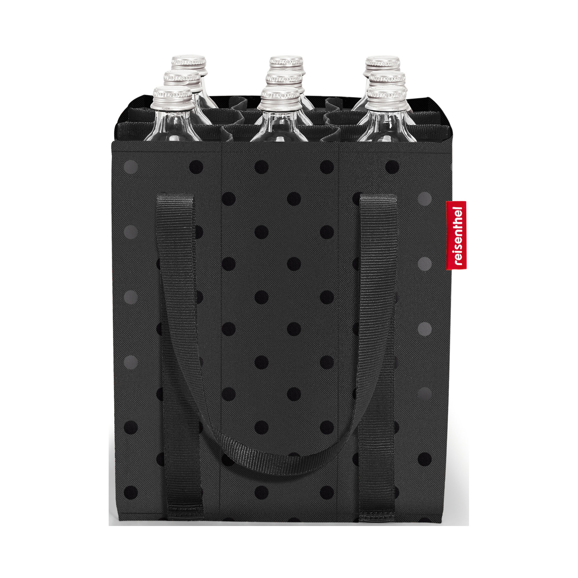 Flaschentasche von Reisenthel, Modell Bottlebag, in Schwarz mit glänzendem Punktemuster, frontal mit mehreren eingesetzten Getränkeflaschen.