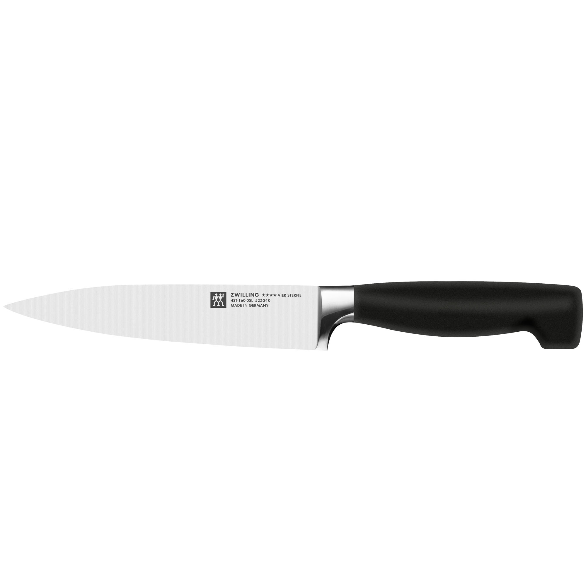 Fleischmesser mit glatter Klinge und Griff, Serie Vier Sterne von ZWILLING, Klingenlänge 160 mm, freigestellt auf weißem Hintergrund.