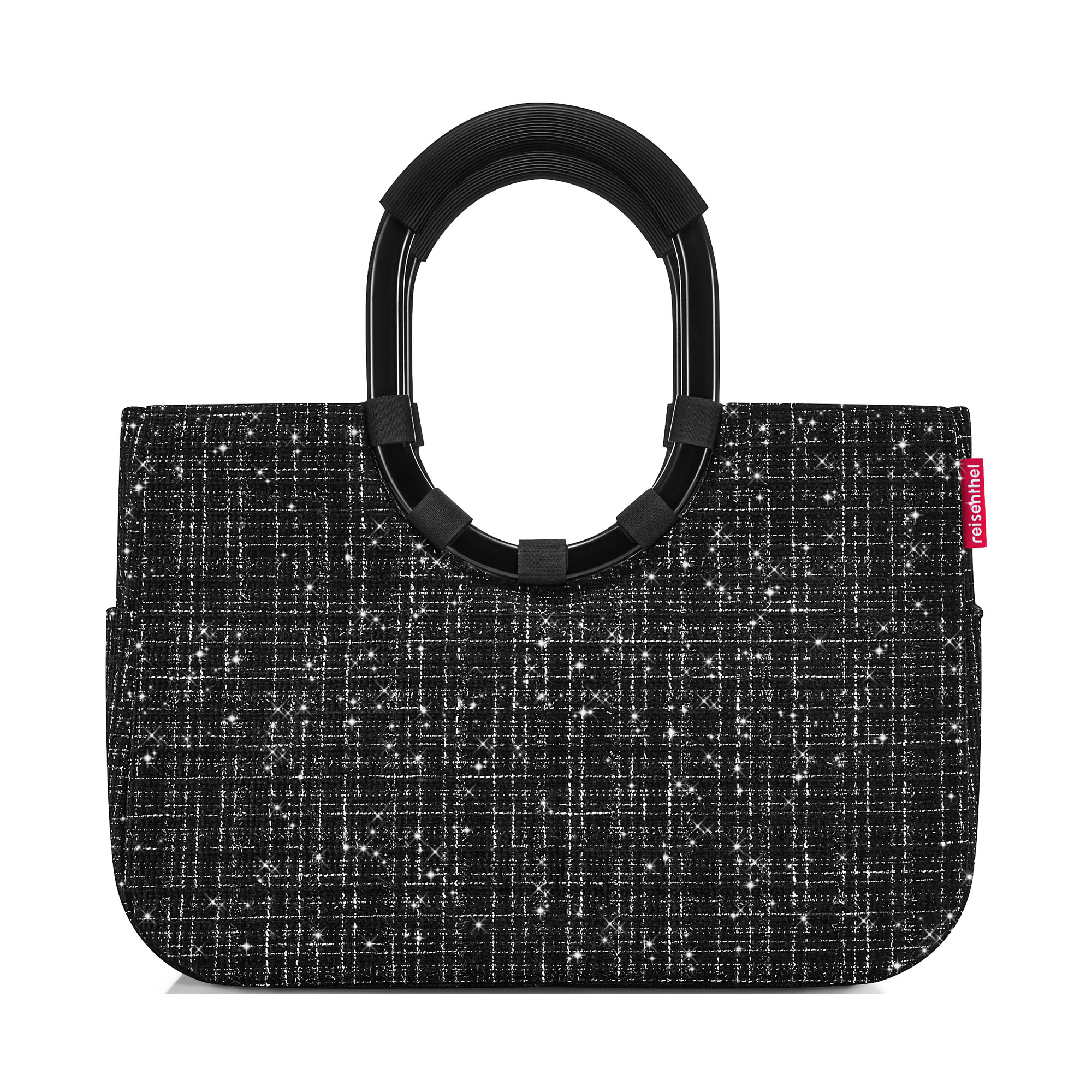 Shopper mit Ringgriffen von Reisenthel, Modell Loopshopper M, in Schwarz mit Bouclé-Struktur, von hinten mit ovalen Ringgriffen