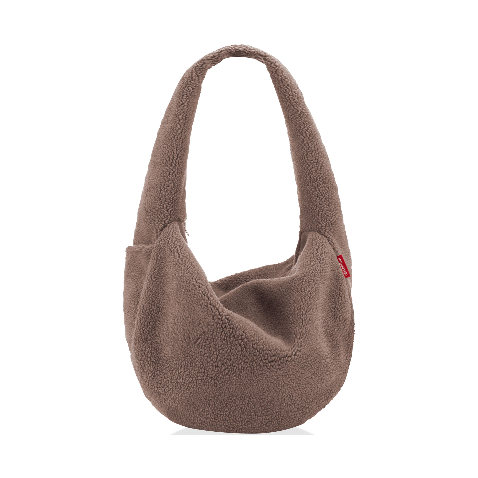 Schultertasche von Reisenthel, Modell Moonbag, in Schokoladenbraun aus Teddyfleece, frontal mit breitem Schulterhenkel