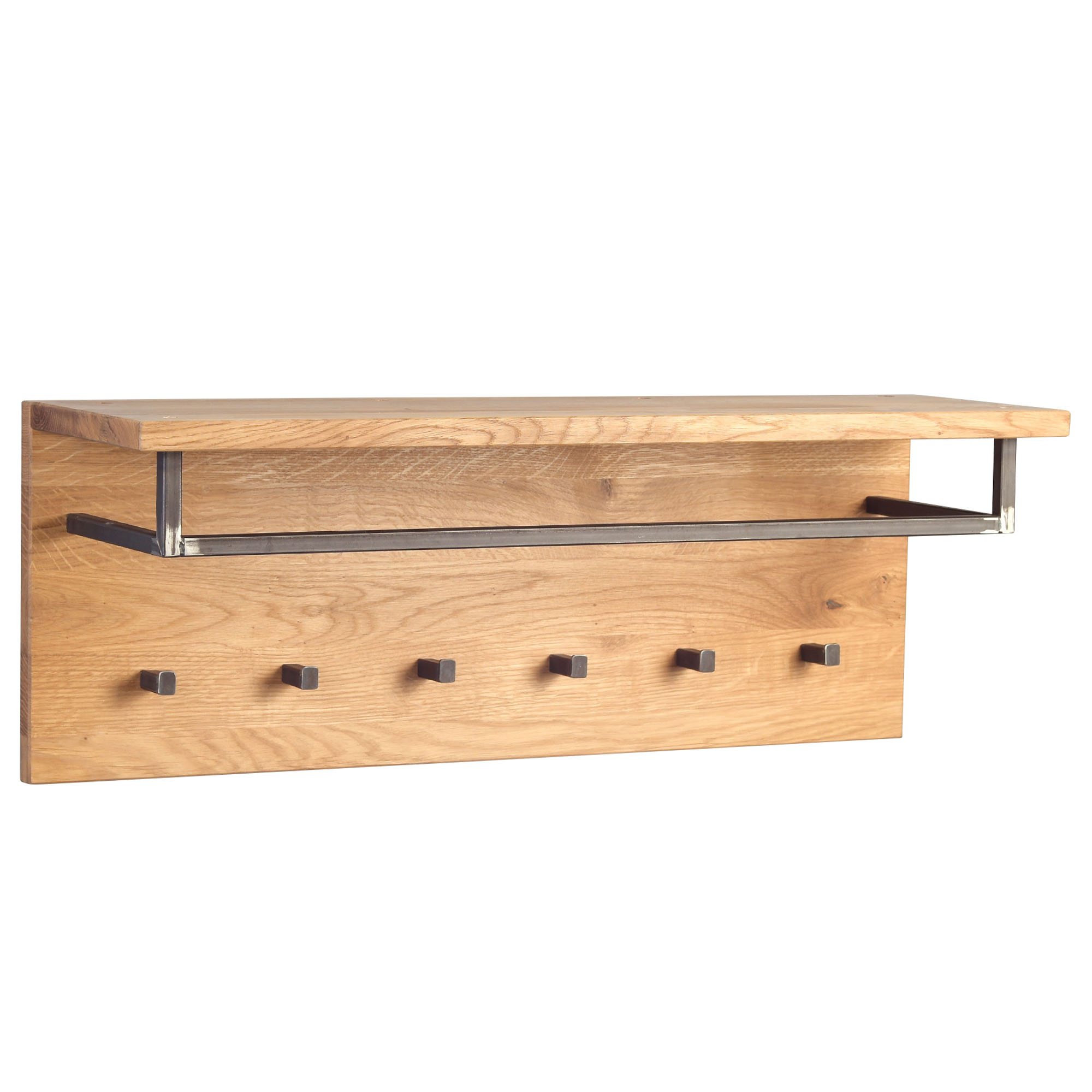 Wandpaneel aus Holz mit oberer Ablagefläche, Metallstange und sechs quadratischen Haken in dunklem Metall