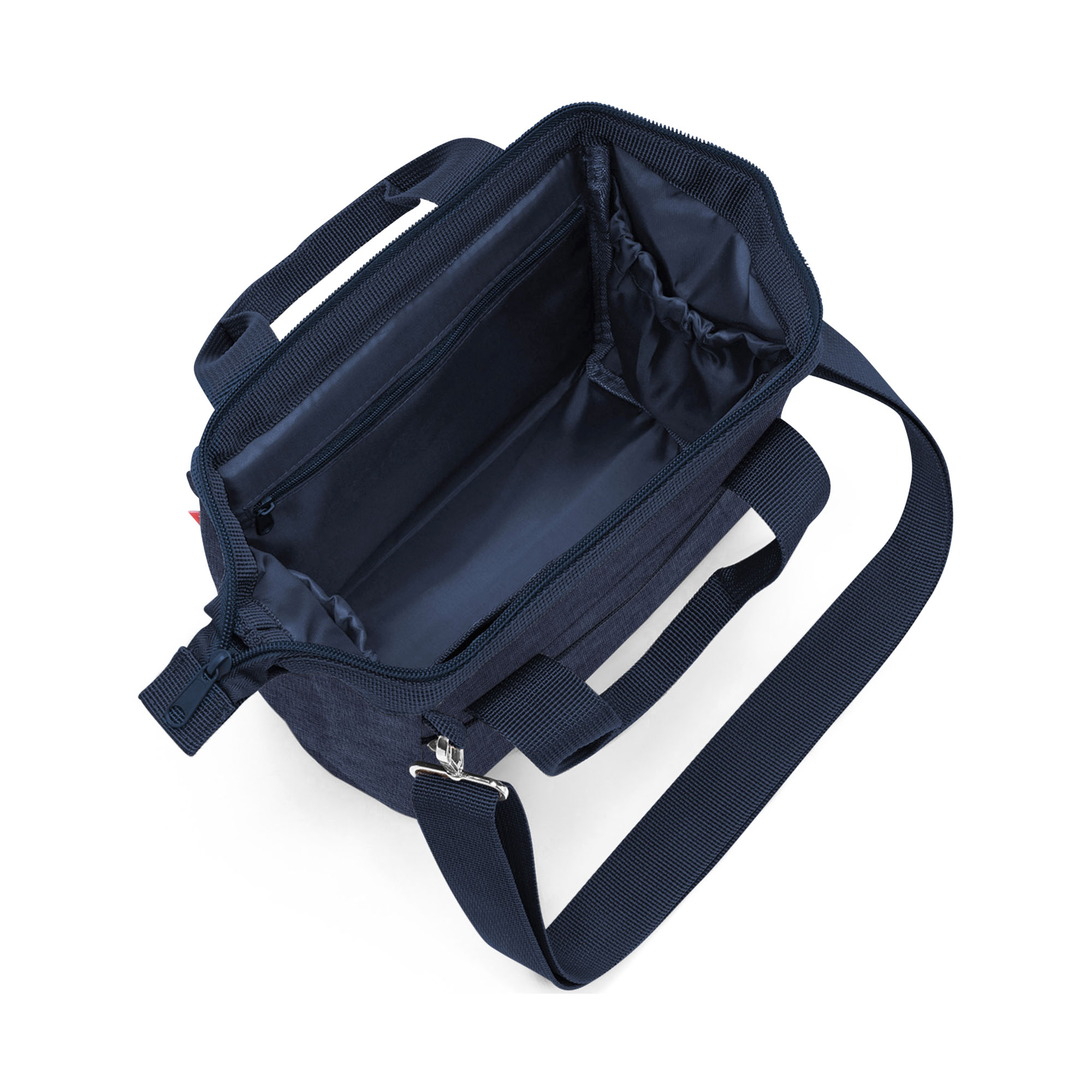 Innenansicht der dunkelblauen Reisenthel Allrounder Cross Tasche mit Reißverschlussfach und Organizerfächern