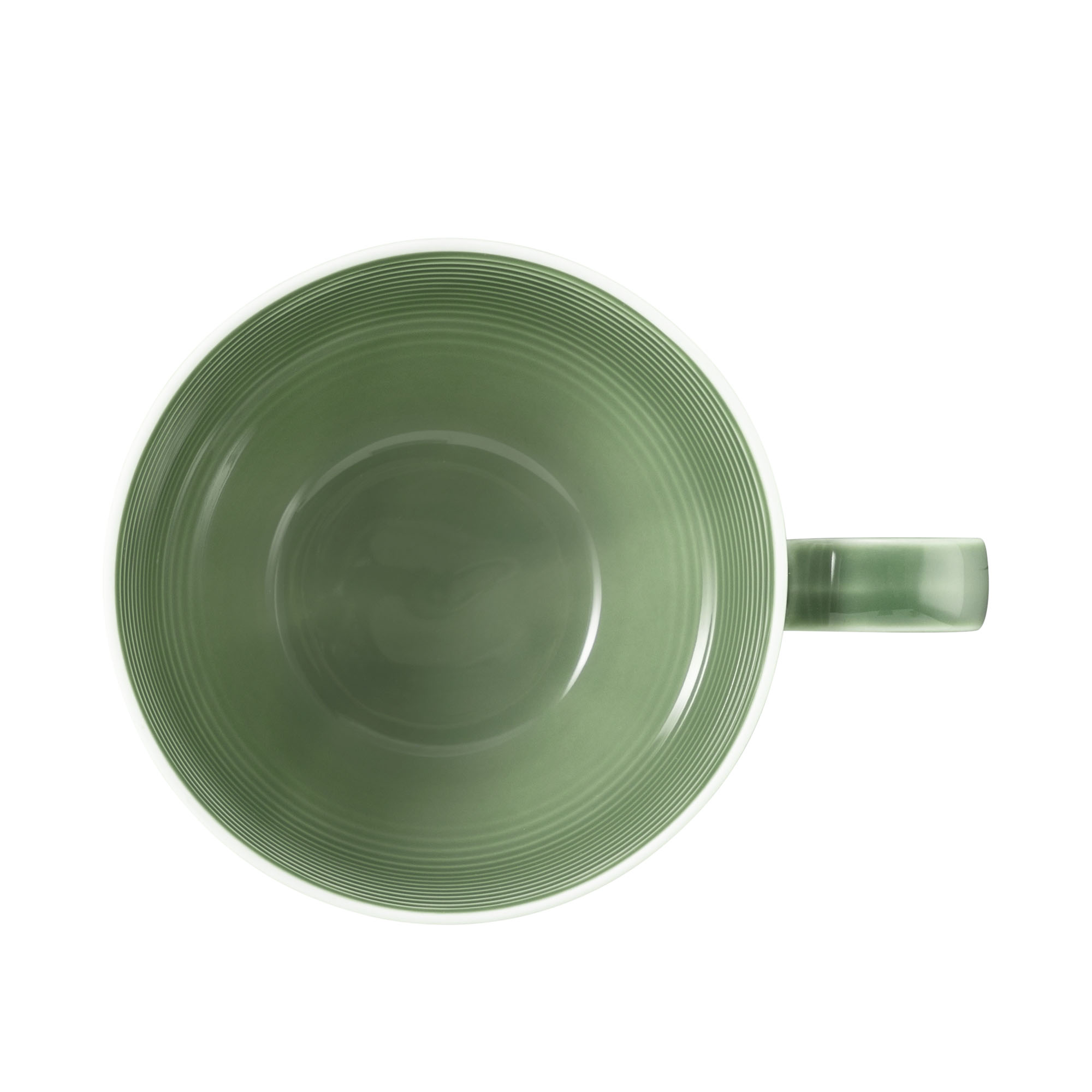 Tasse in Grün. Darstellung: Draufsicht. Merkmale: bauchig mit waagerechter Rillenstruktur und Henkel.