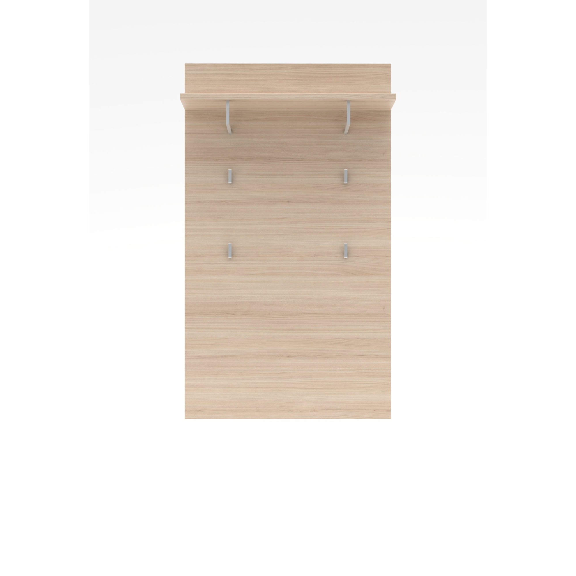 Frontansicht eines Garderobenpaneels aus hellem Holz mit oberer Ablage und mehreren Metallhaken.
