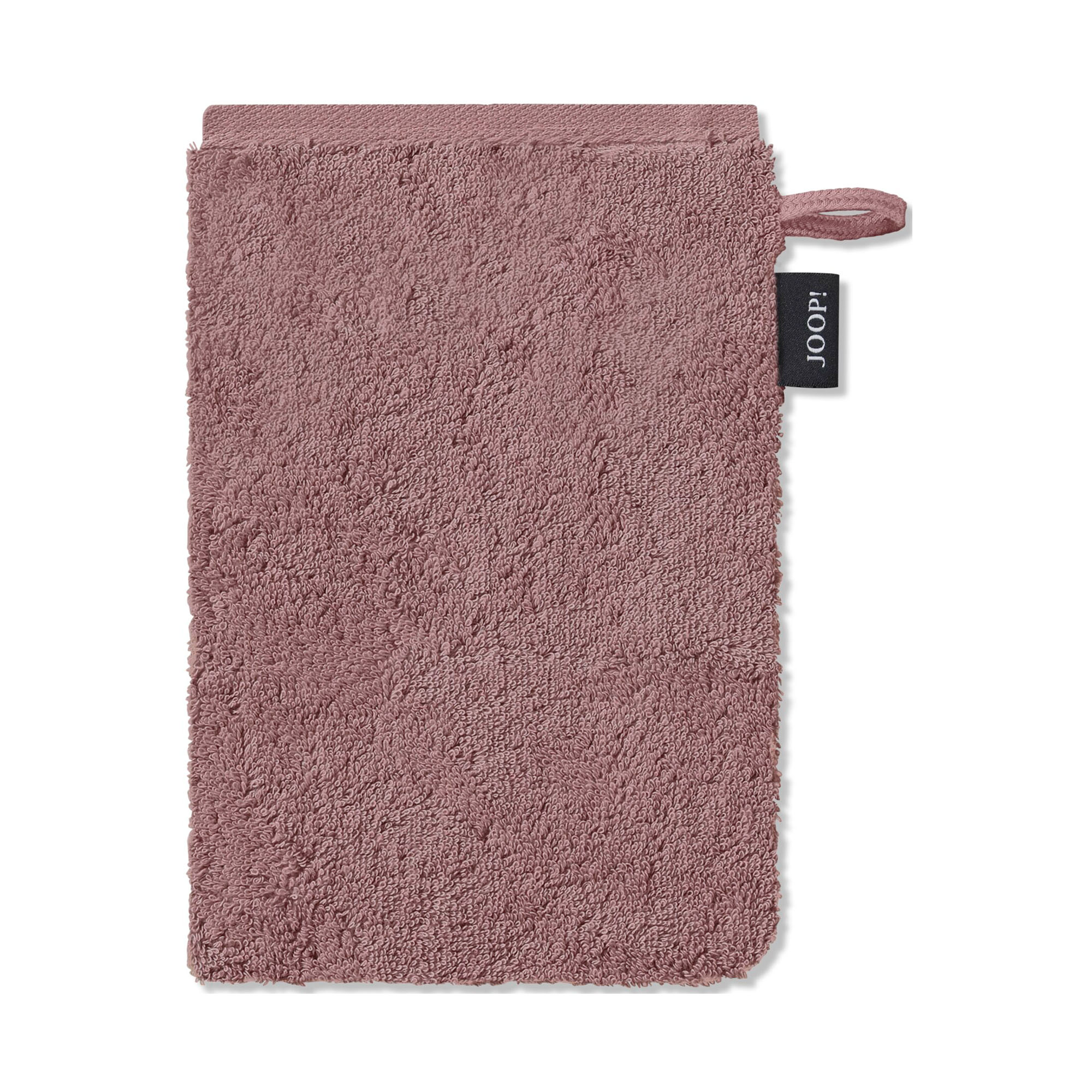 Roséfarbener JOOP! Doubleface Waschhandschuh, 16 × 22 cm, frontal auf weißem Hintergrund; Schlaufe und schwarzes JOOP!-Etikett sind seitlich sichtbar.