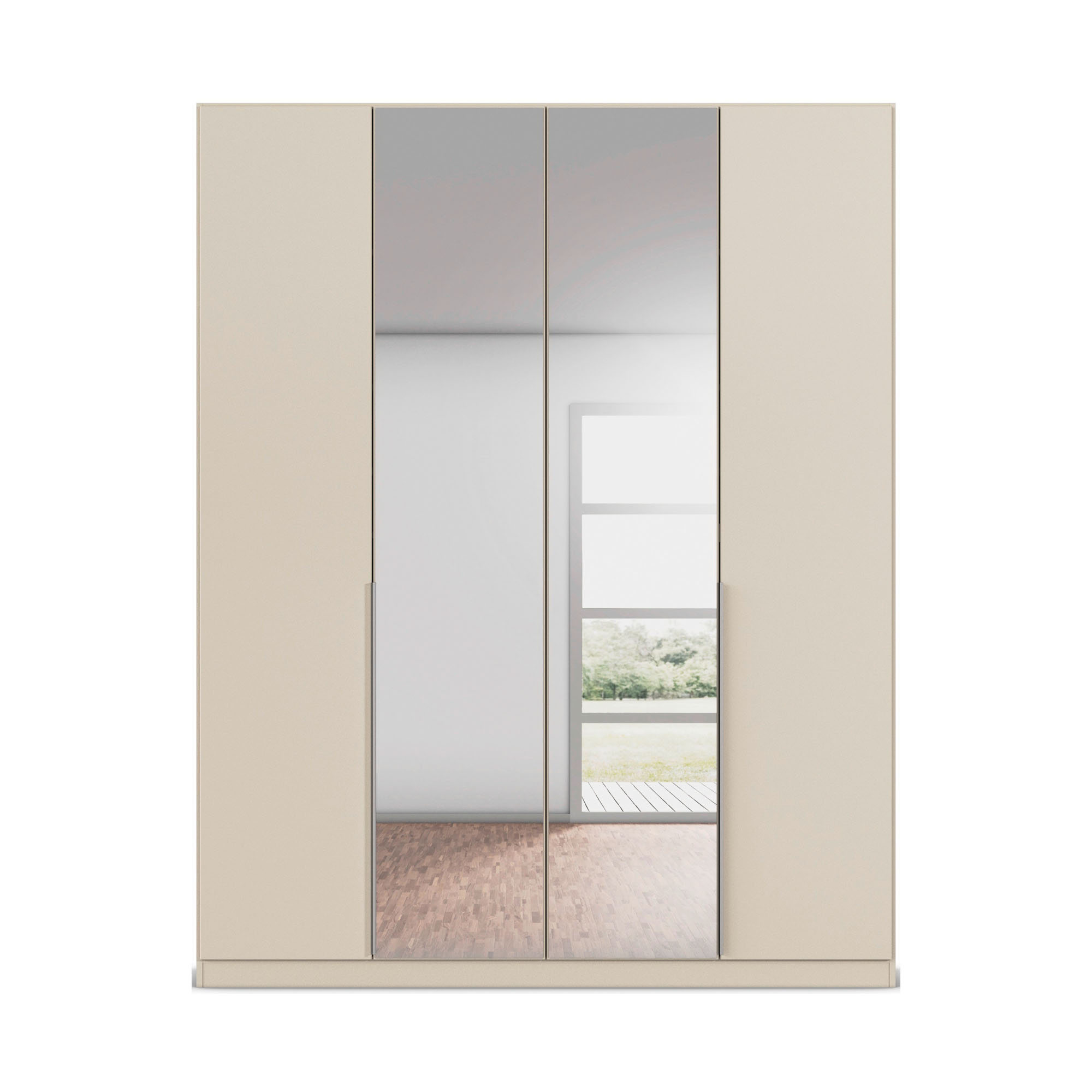 Frontansicht eines champagnerfarbenen 4-türigen Kleiderschranks mit durchgehender Spiegelfläche und minimalistischem Design