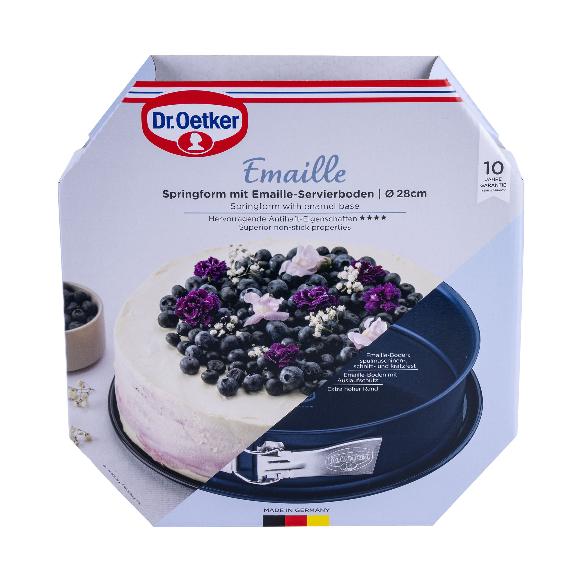 Verpackung der Emaille Springform 28 cm von Dr Oetker mit dekoriertem Kuchen