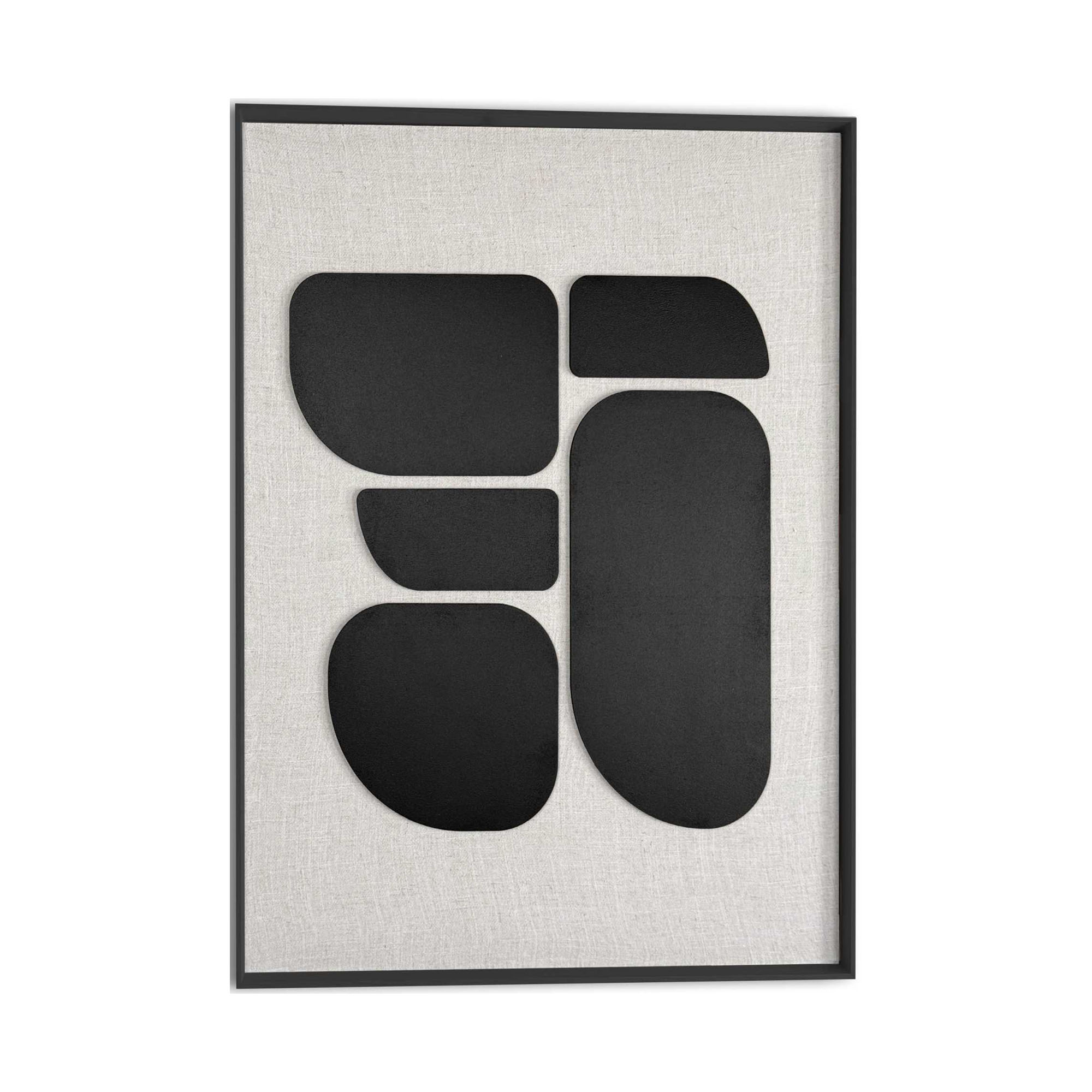 Frontansicht des Wandbilds „Organic Blocks Linen Black“ in Schwarz-Weiß, Größe 50 × 70 cm; das vollständige Motiv ist zu sehen.