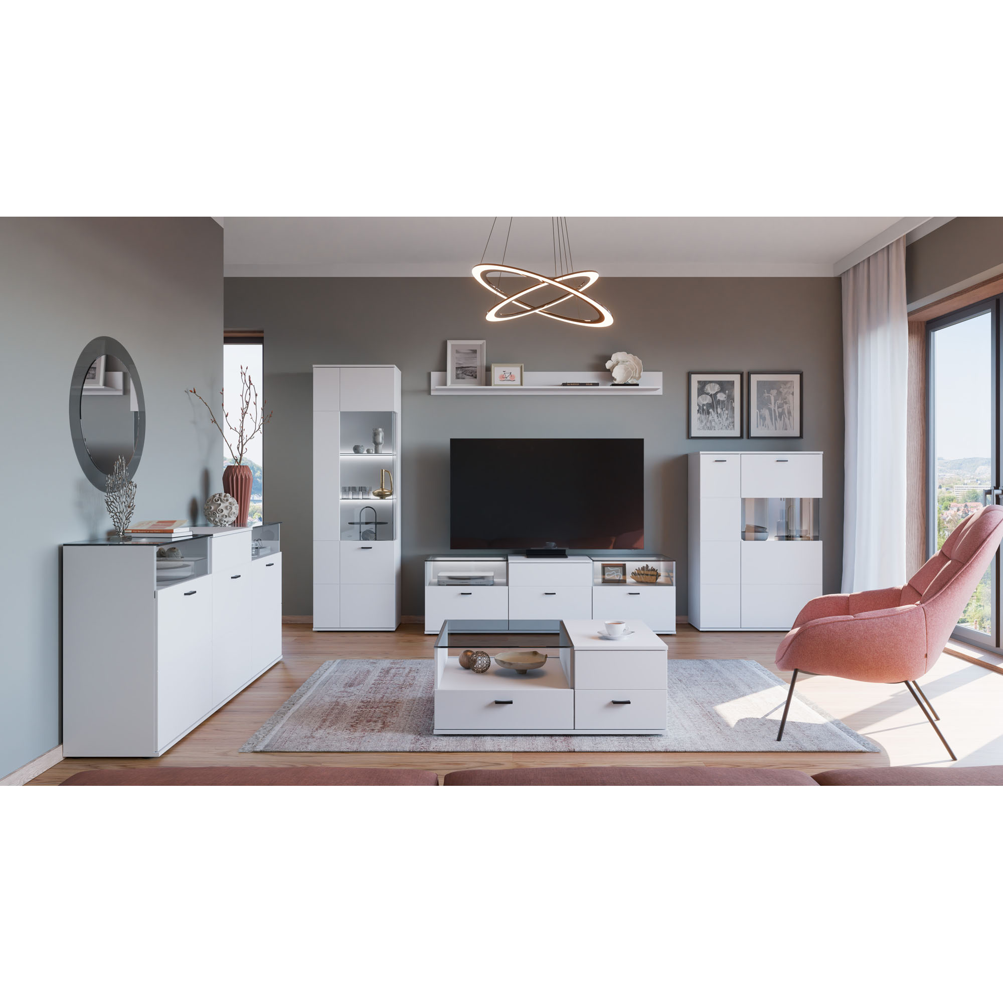 Moderne Wohnzimmereinrichtung mit weißer Wohnwand, TV-Lowboard, beleuchteter Vitrine, Highboard und stilvollen Wohnaccessoires