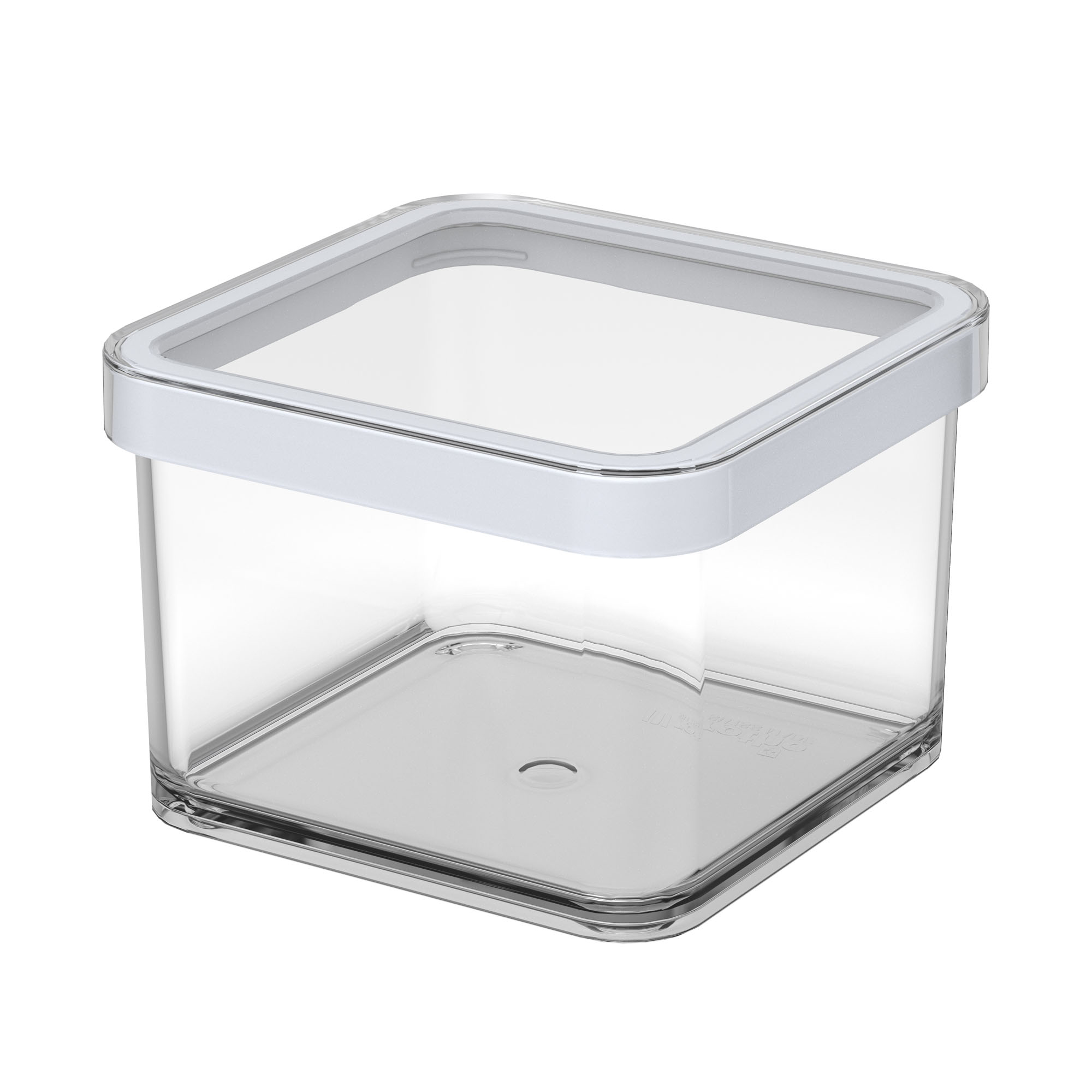 Transparente quadratische Aufbewahrungsbox mit grauem Deckel