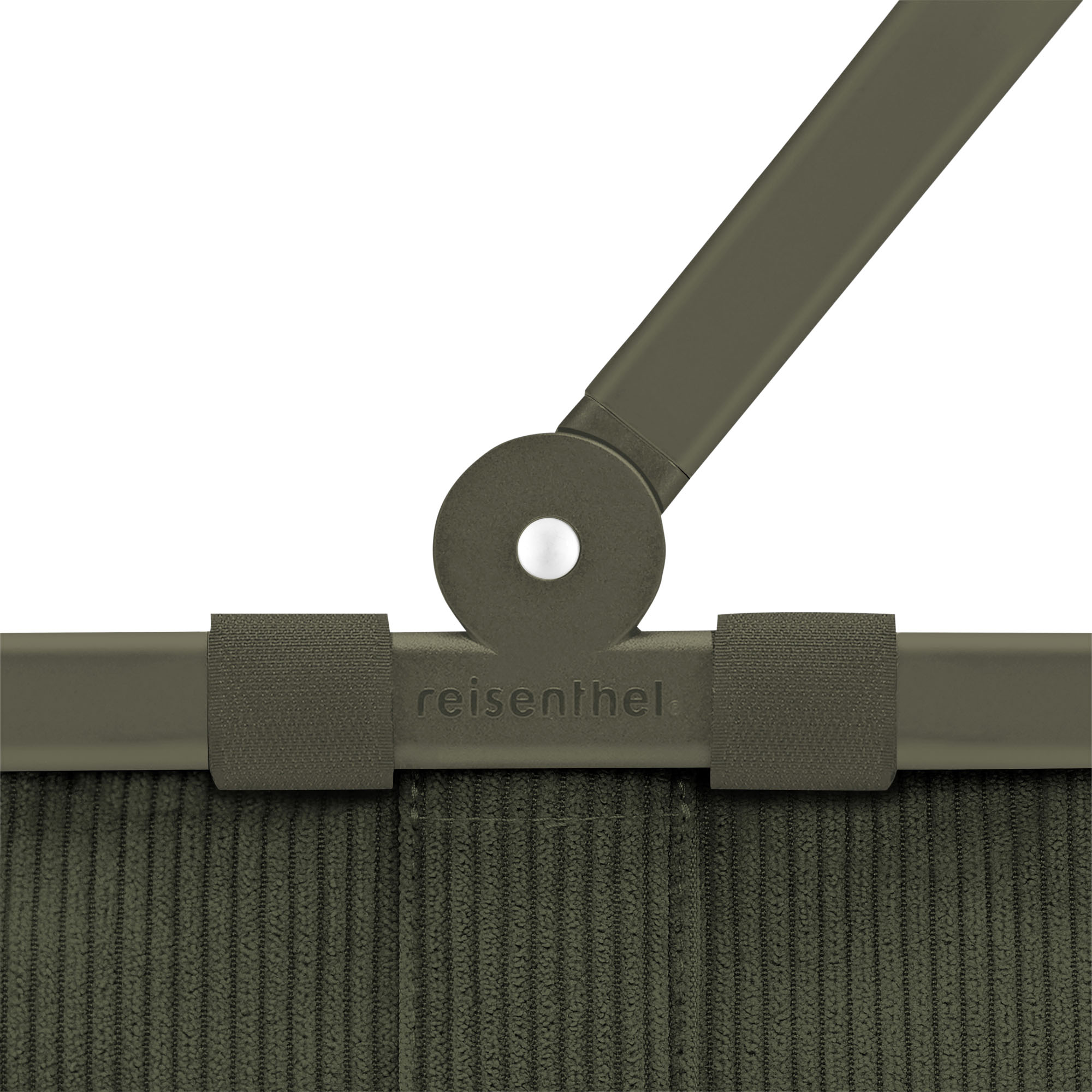 Kleiner Einkaufskorb von Reisenthel, Modell Carrybag XS, in Dunkelgrün aus geripptem Cord, als Nahaufnahme des Gelenks am Griff.