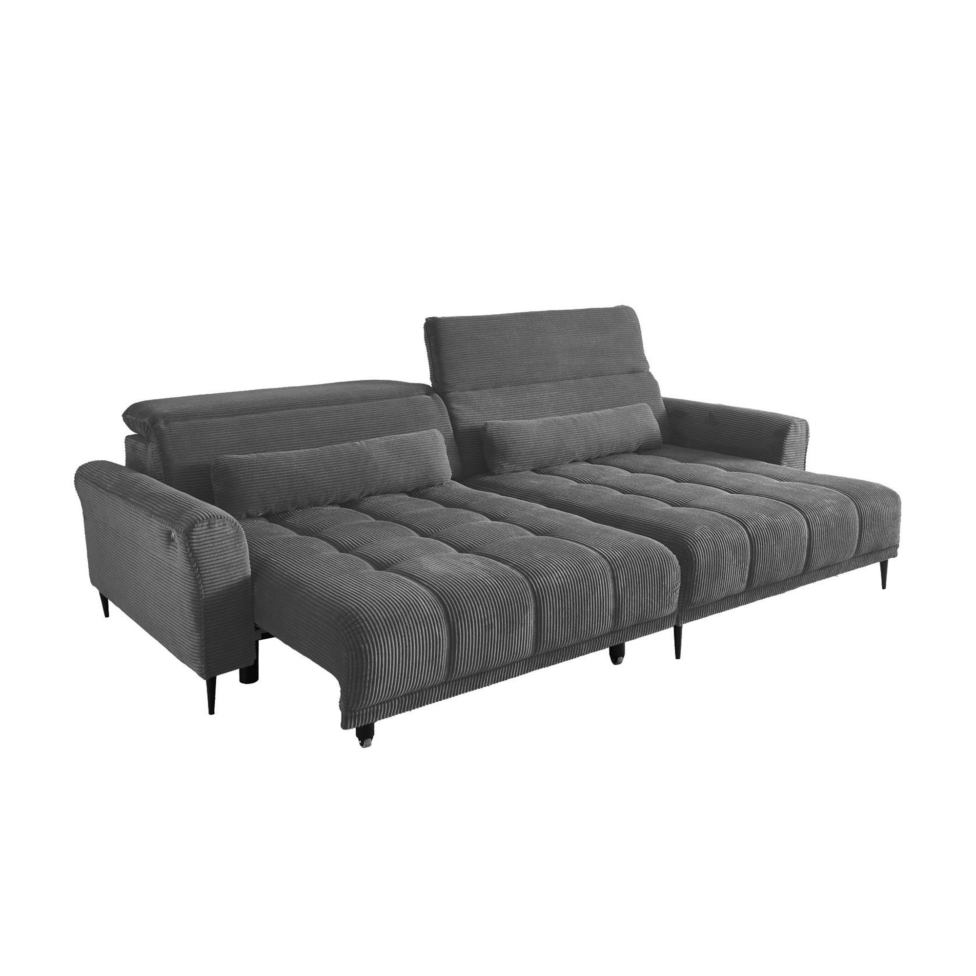 Ecksofa in grauem Cordstoff mit weicher Polsterung und breiten Sitzflächen.