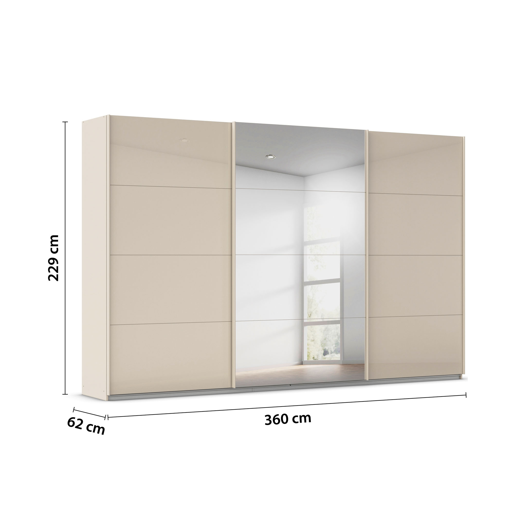 Champagnerfarbener Schwebetürenschrank mit Glas-Außentüren und Spiegeltür mittig mit Maßangaben Breite 360 cm, Höhe 229 cm und Tiefe 62 cm