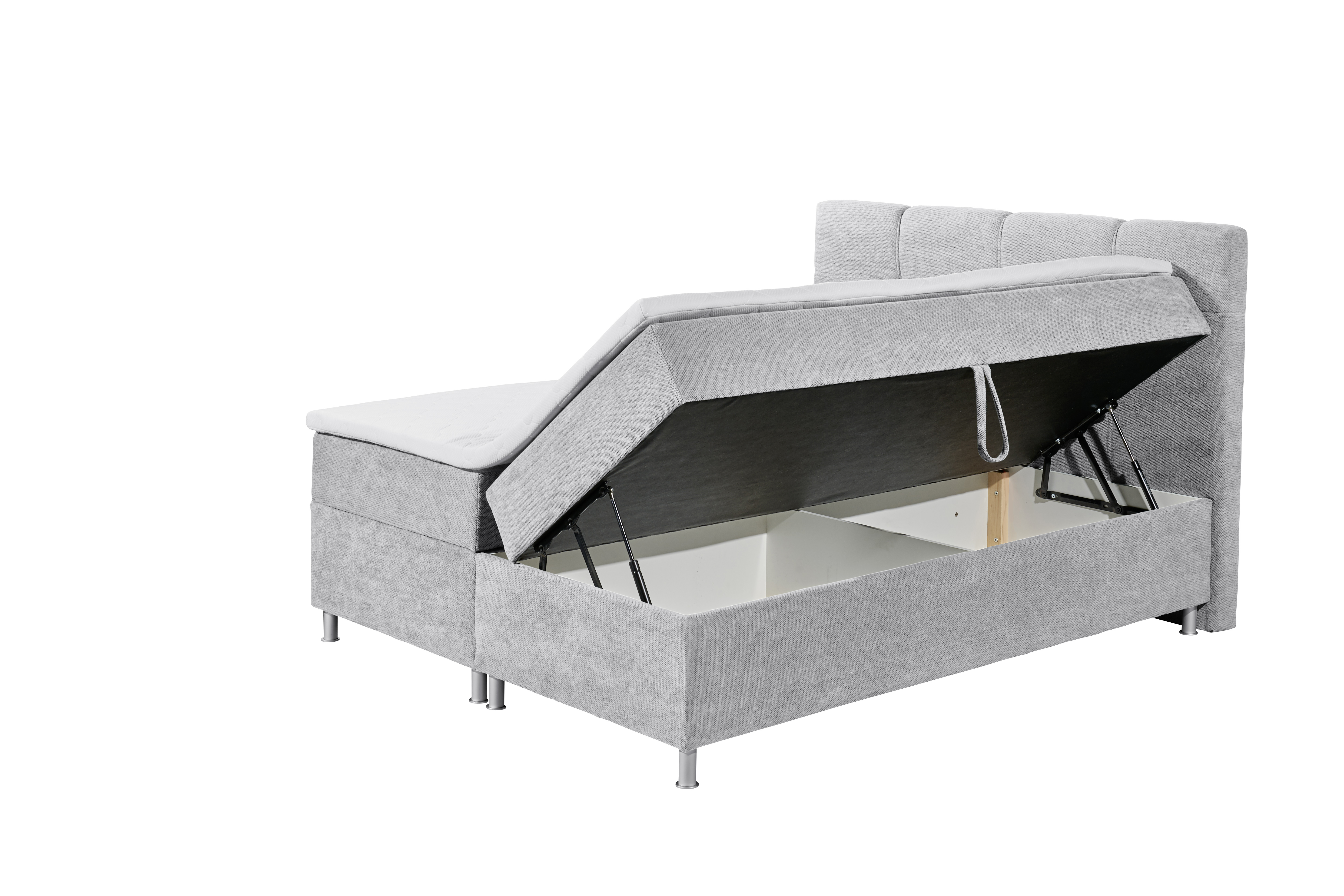Boxspringbett „Curio 80 Silver“ aus schräger Perspektive, Bettkasten geöffnet, Stauraumfunktion sichtbar