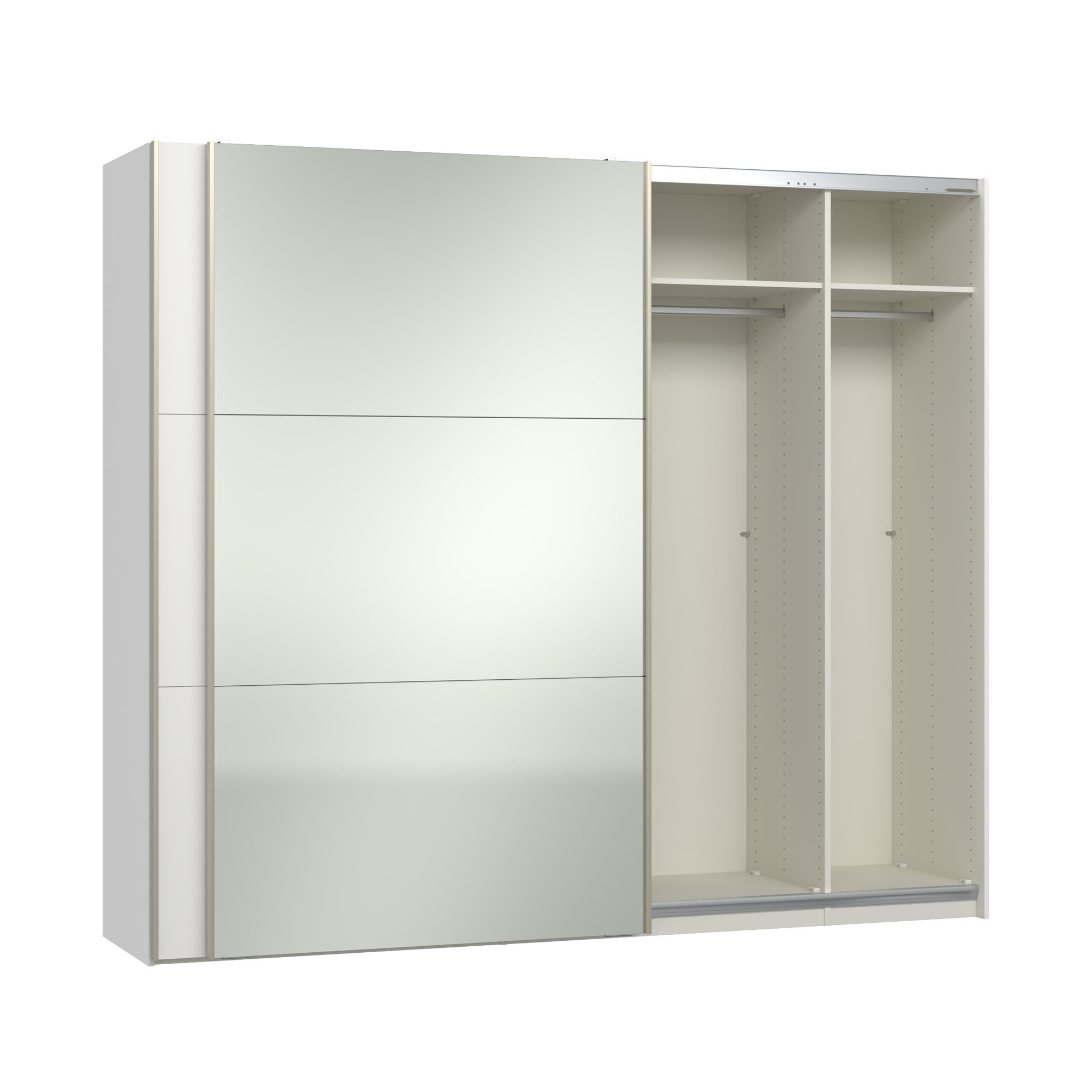 Schwebetürenschrank mit einer geöffneten Schiebetür und sichtbarer Innenaufteilung mit Fachböden und Kleiderstange