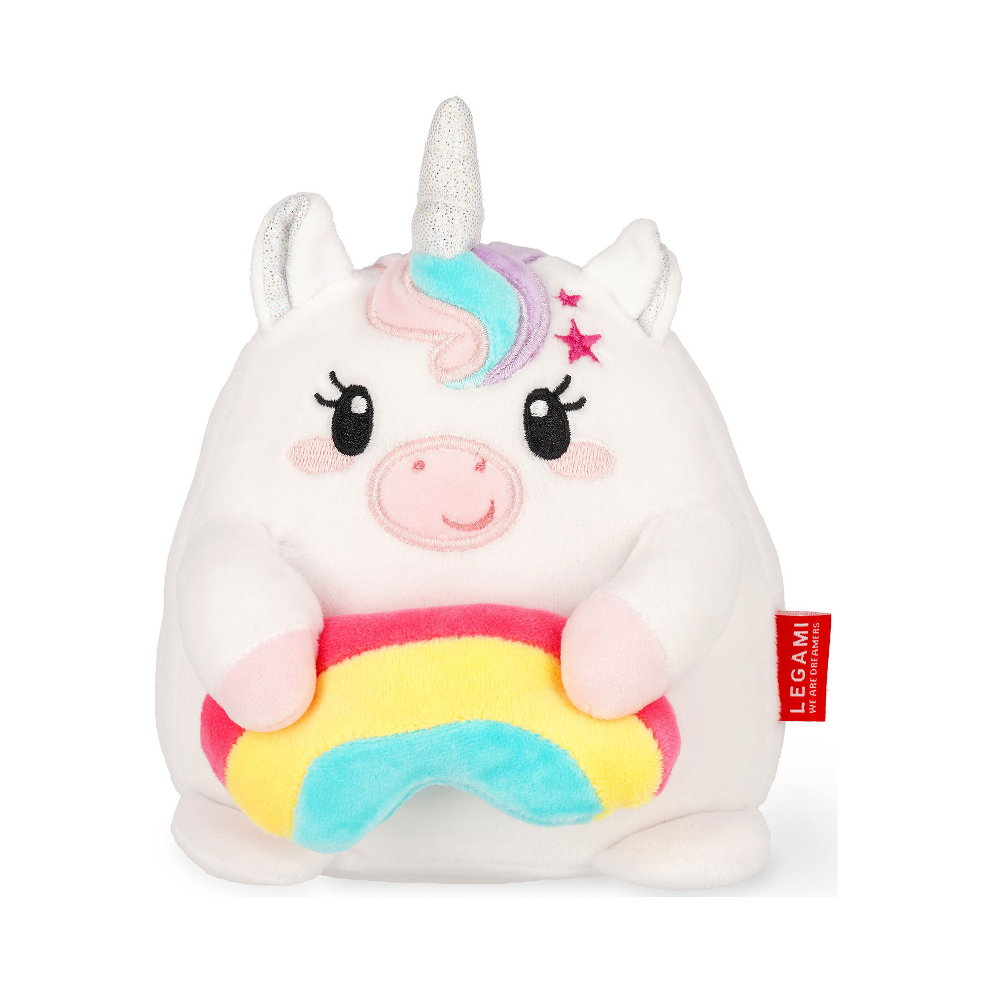 Weißes Einhorn-Plüschtier mit Regenbogen, frontal auf weißem Hintergrund dargestellt.