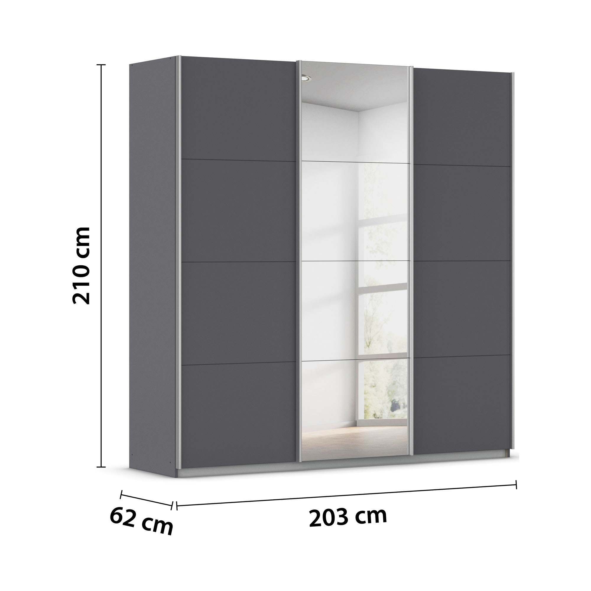 Grau-Metallicer Kleiderschrank mit Schiebetüren und angegebenen Maßen 203 cm Breite 210 cm Höhe und 62 cm Tiefe
