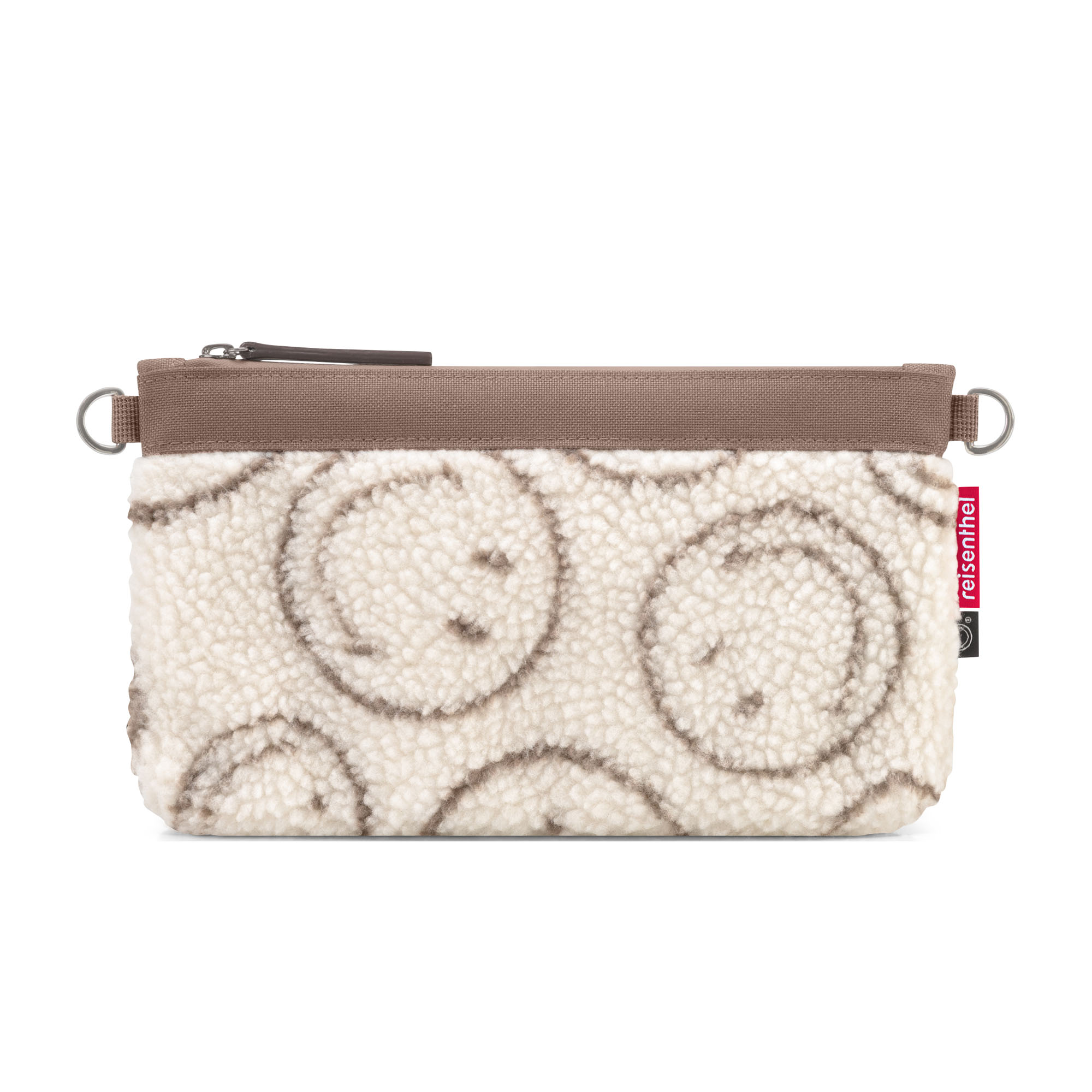Kleine Umhängetasche von Reisenthel, Modell Mini Pouch, in Creme und Braun mit Smiley-Muster aus Teddyfleece, frontal mit geschlossenem Reißverschluss