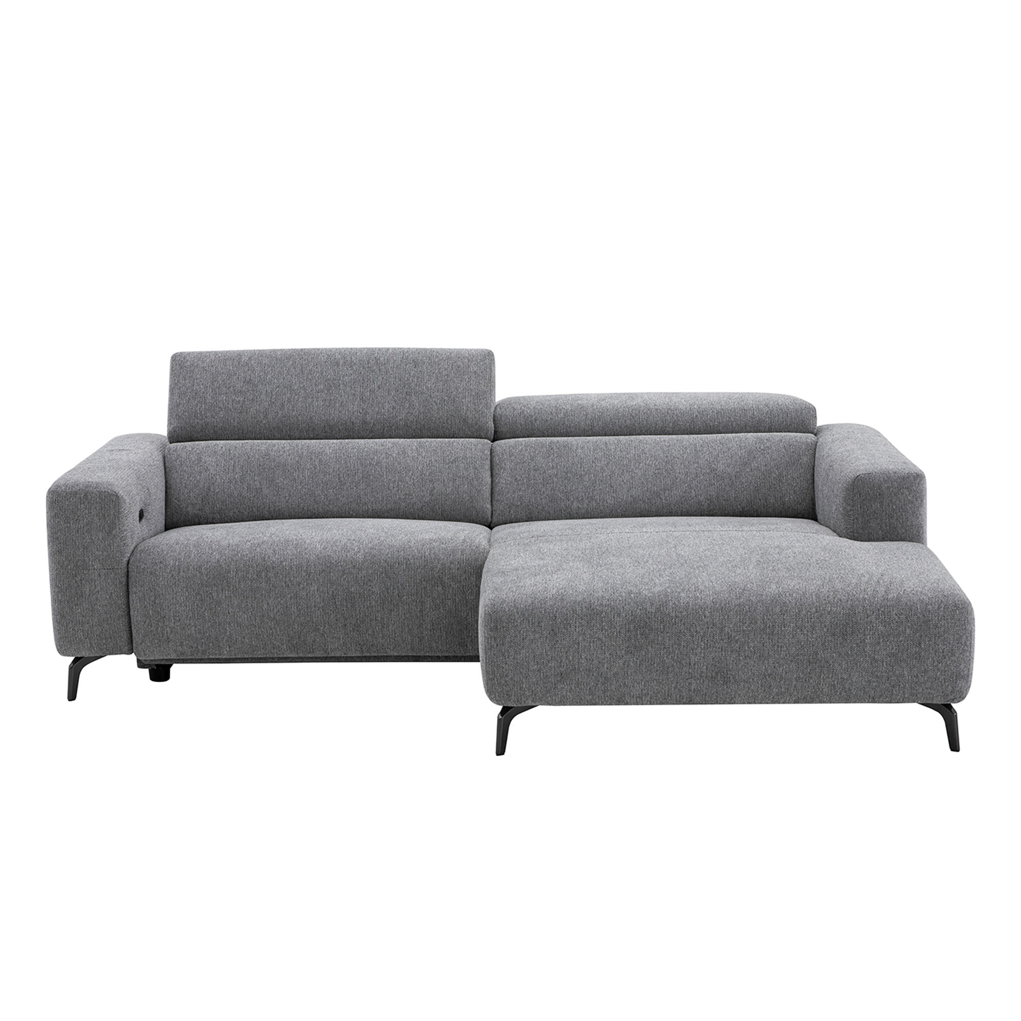 Modernes graues Ecksofa mit Recamiere rechts und niedriger Rückenlehne auf Metallfüßen