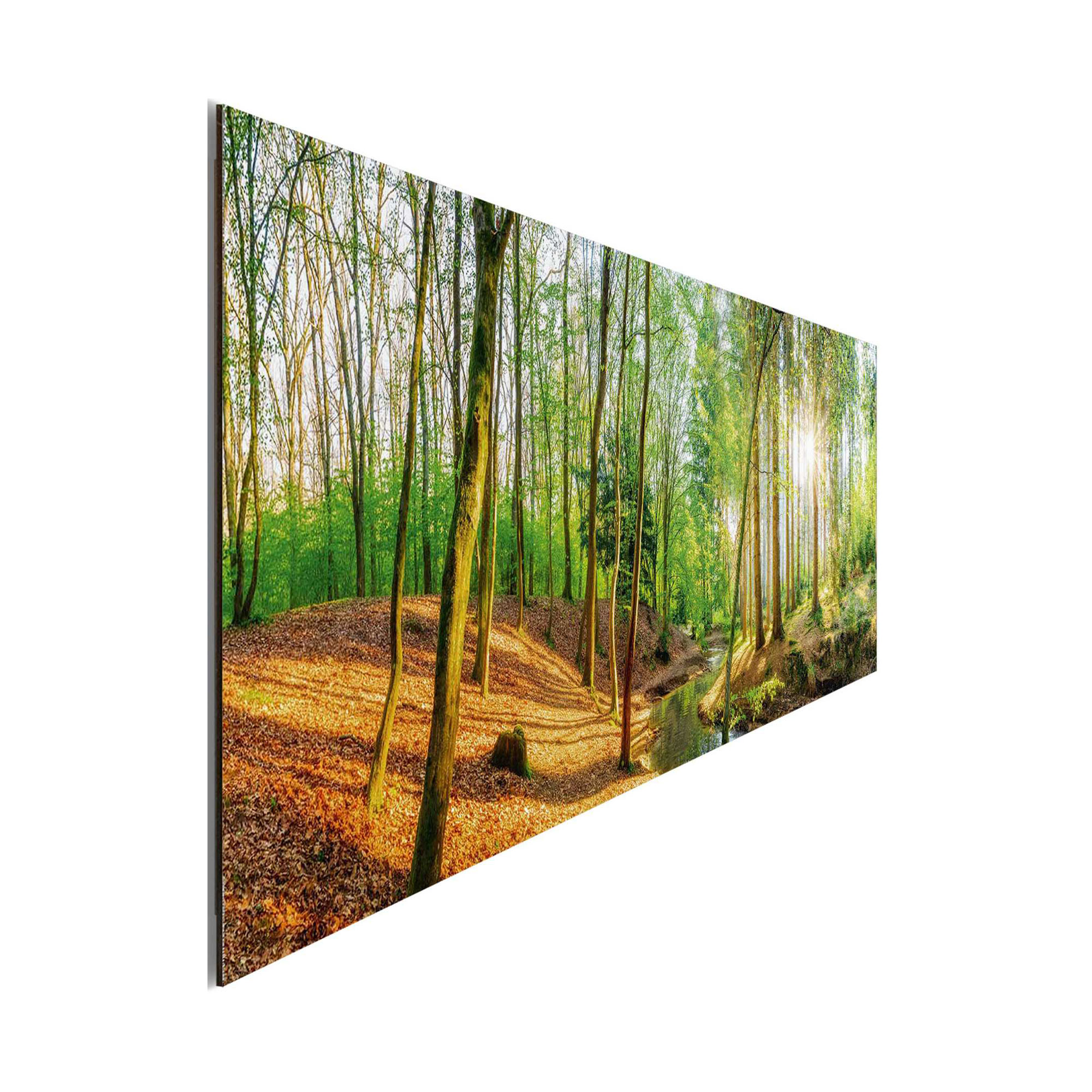 Seitliche Schrägansicht des Wandbilds „Spring Woods“, 30 × 90 cm; Profil, Kante und Tiefe des Bildes sind erkennbar.