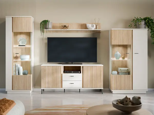 Mosano Wohnkombination mit TV-Möbel, Wandregal und Vitrinen in Kaschmir und Eiche Optik für ein modernes Wohnzimmer