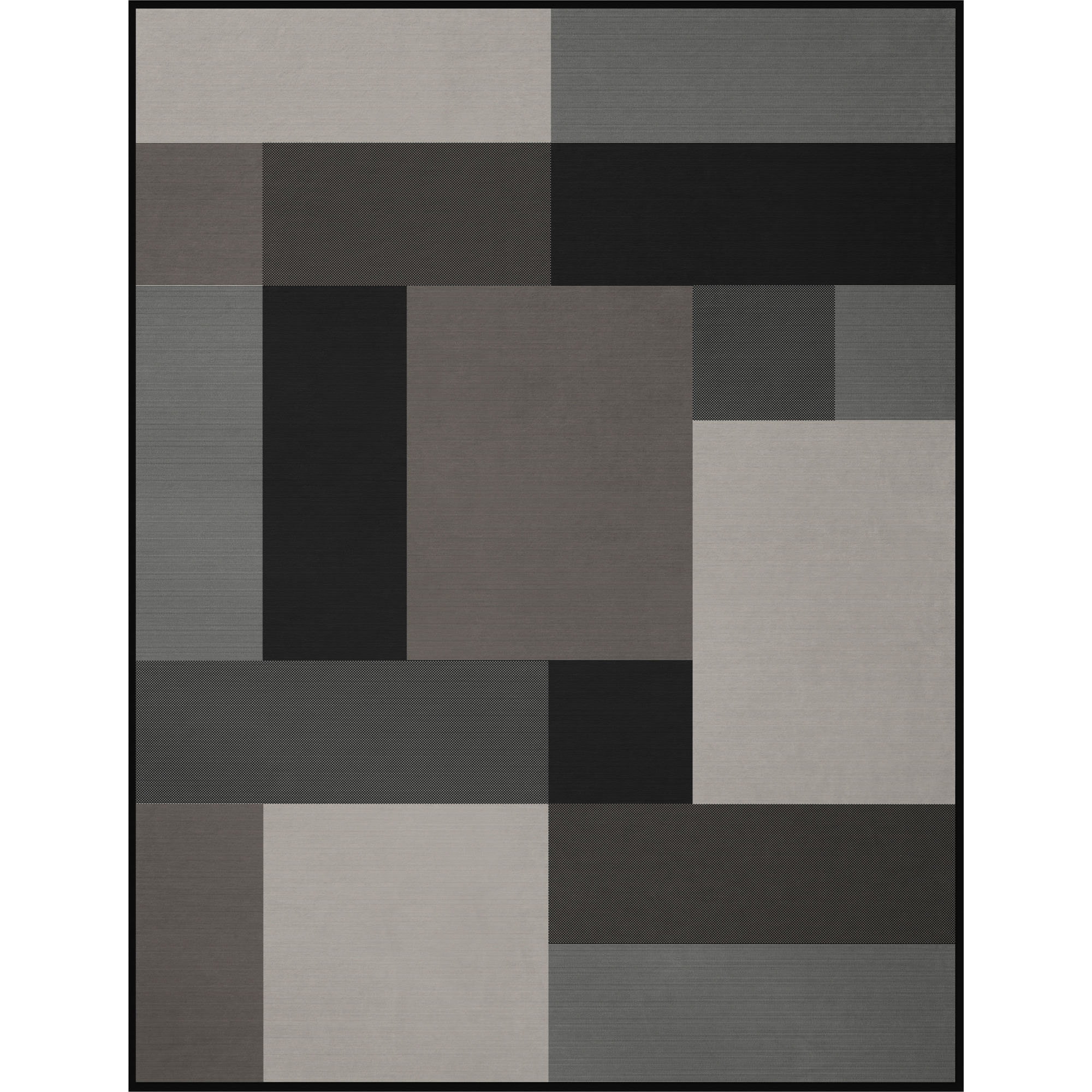 Flach dargestellte Wohndecke Cotton Home Vermont Grey mit rechteckigem Blockmuster in Schwarz, Grau, Taupe und Creme.