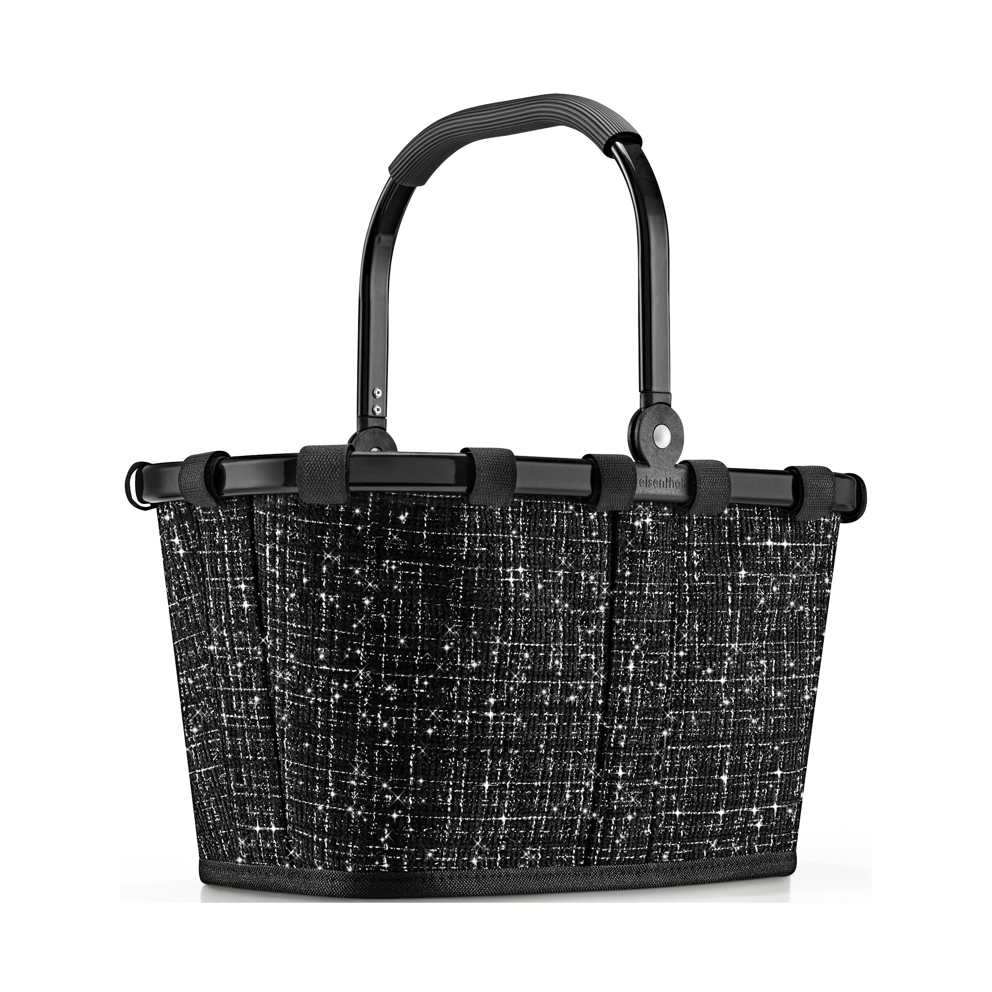 Kleiner Einkaufskorb von Reisenthel, Modell Carrybag XS, in Schwarz mit Bouclé-Struktur, frontal mit hochgestelltem Tragegriff