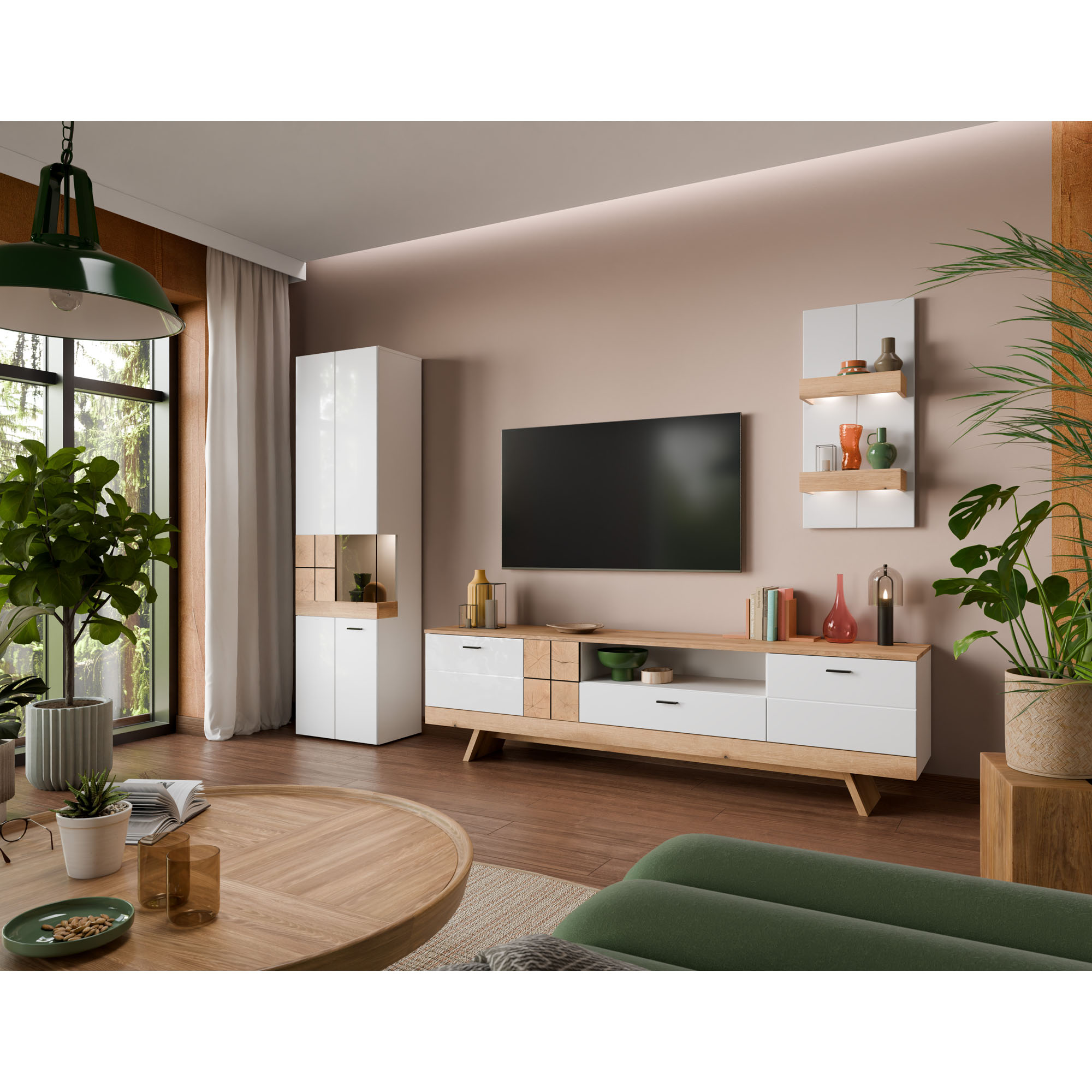 Wandregal in Weiß und Holzoptik als Teil einer modernen Wohnwand über einem TV-Lowboard